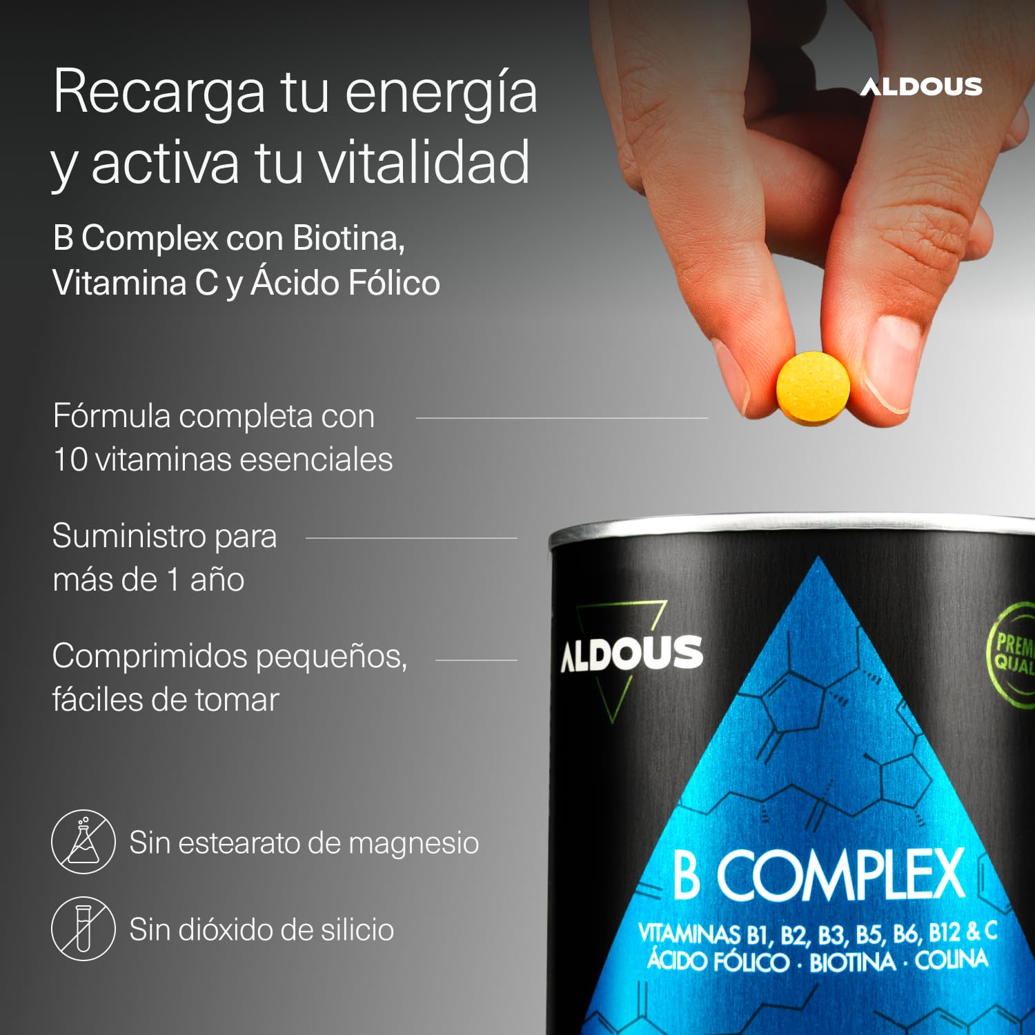 Vitamina B Complex + Vitamina C - 400 Comprimidos - Más de 1 Año - Multivitaminas - Complejo Vitamínico Completo - Vitamina B12, B1, B2, B3, B5, B6, Ácido Fólico, Biotina, Colina - Vegano - ALDOUS