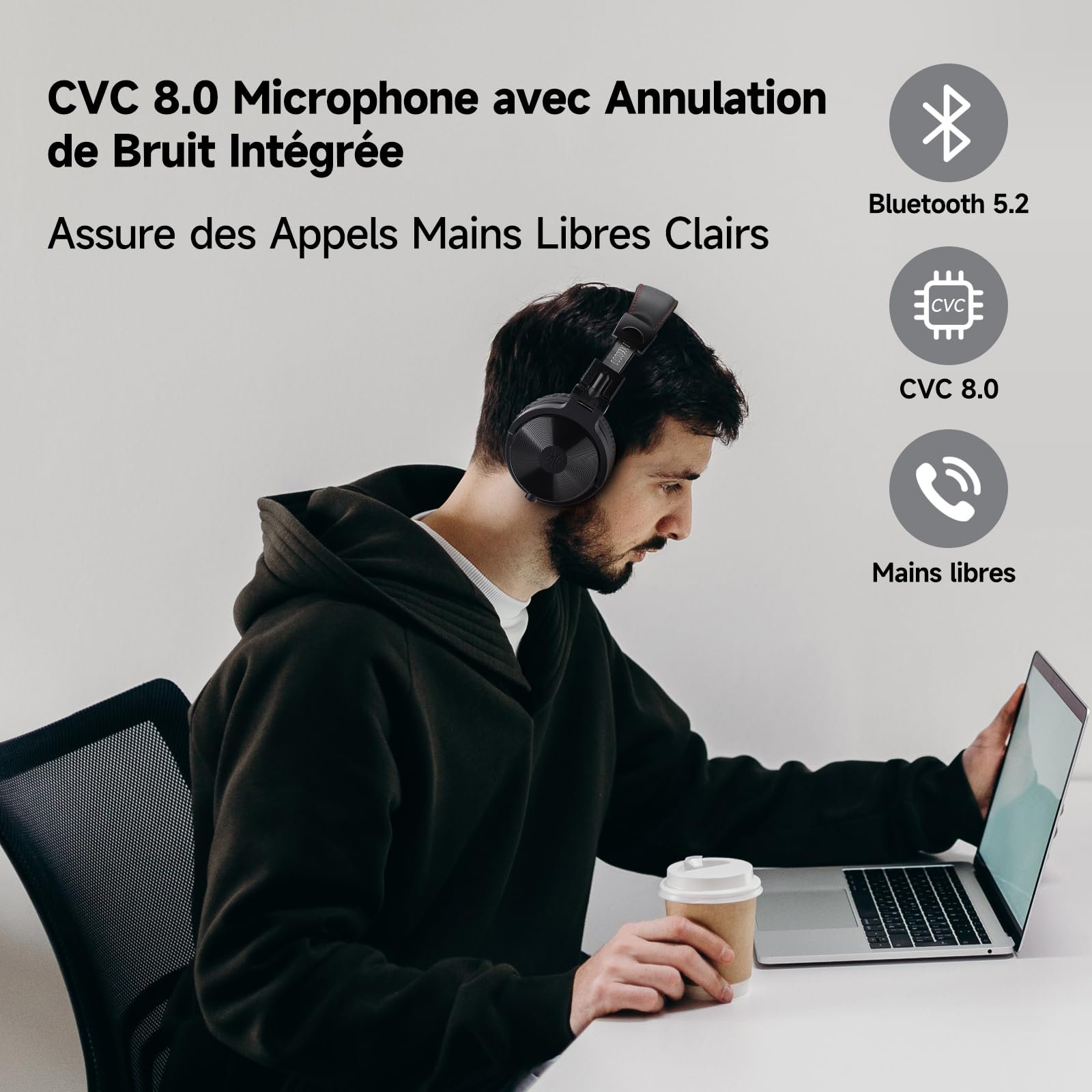 OneOdio ProC Bluetooth Casque sans Fil et Mode Filaire, 110 Heures d'utilisation,Casque Audio avec Micro, Hi-RES Audio, Coussinets en Protéines Douces, Extra Basses, Confortable Léger Pliable Noir