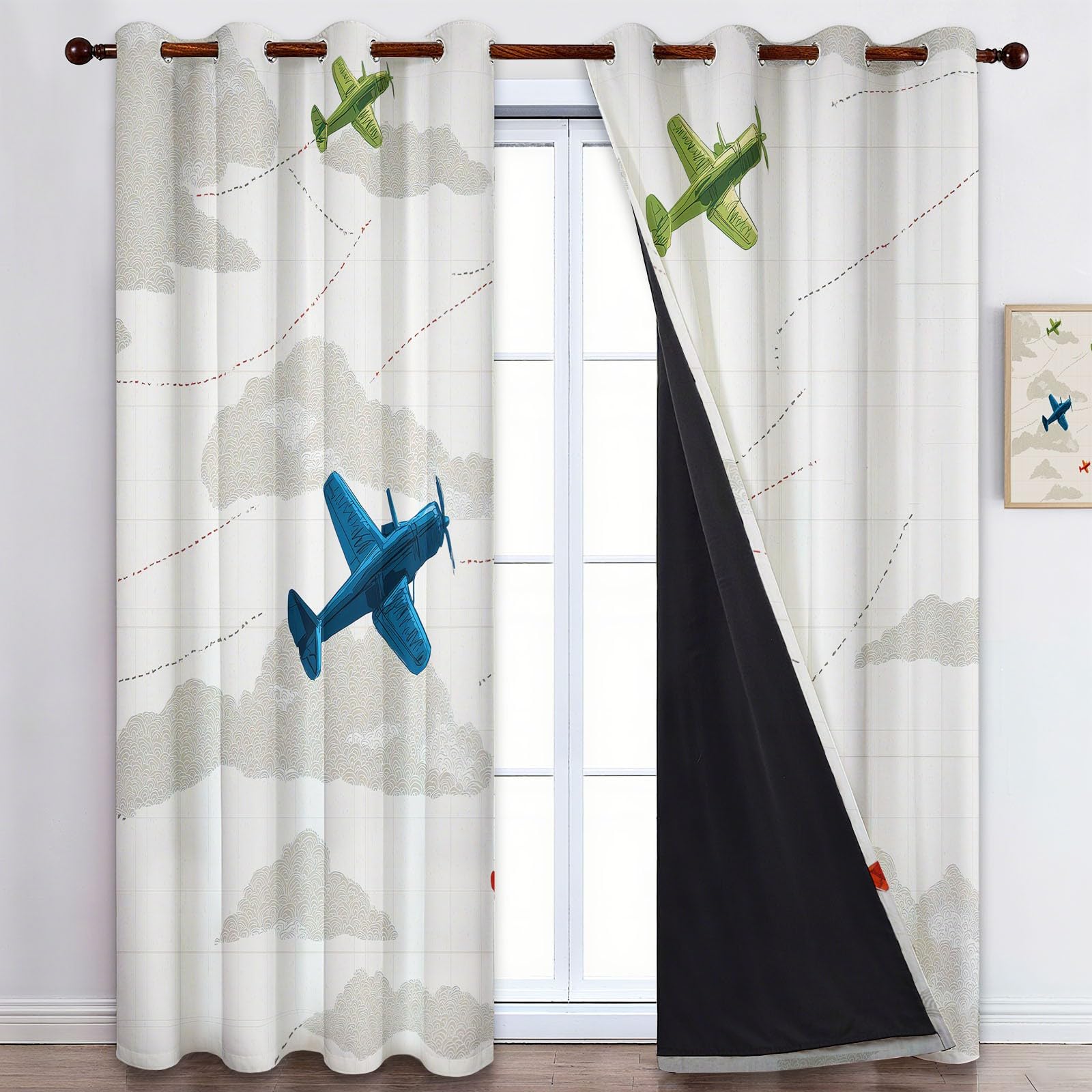 Rideau Occultant Isolants Thermiques À Oeillets Transport Avion Nuages, 110 x 215 cm Lot de 2 Rideaux Thermiques Isolants Anti Froid Imprimé pour Salon Chambre Bebe Enfant, Beige