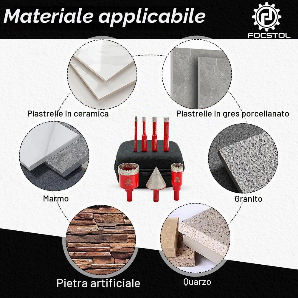 FOCSTOL Punte per Trapano Diamantate - 7 pezzi (6/8/10/20/35mm+35mm Punte per Smusso+6mm Punta in Carburo) Sega a Tazza Diamantata per Porcellanato Ceramica Piastrelle Marmo Granito