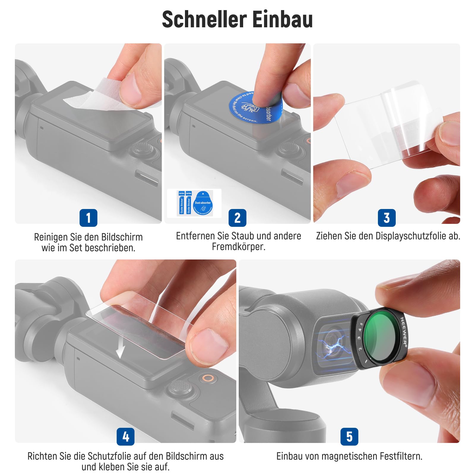 NEEWER Magnetfilterset, kompatibel mit DJI Osmo Pocket 3 / Pocket 4 / Xtra Muse, variabler Neutraldichtefilter ND 2-32 CPL, polarisierender Schwarzdiffusionsfilter 1/4 für filmische Nebeleffekte