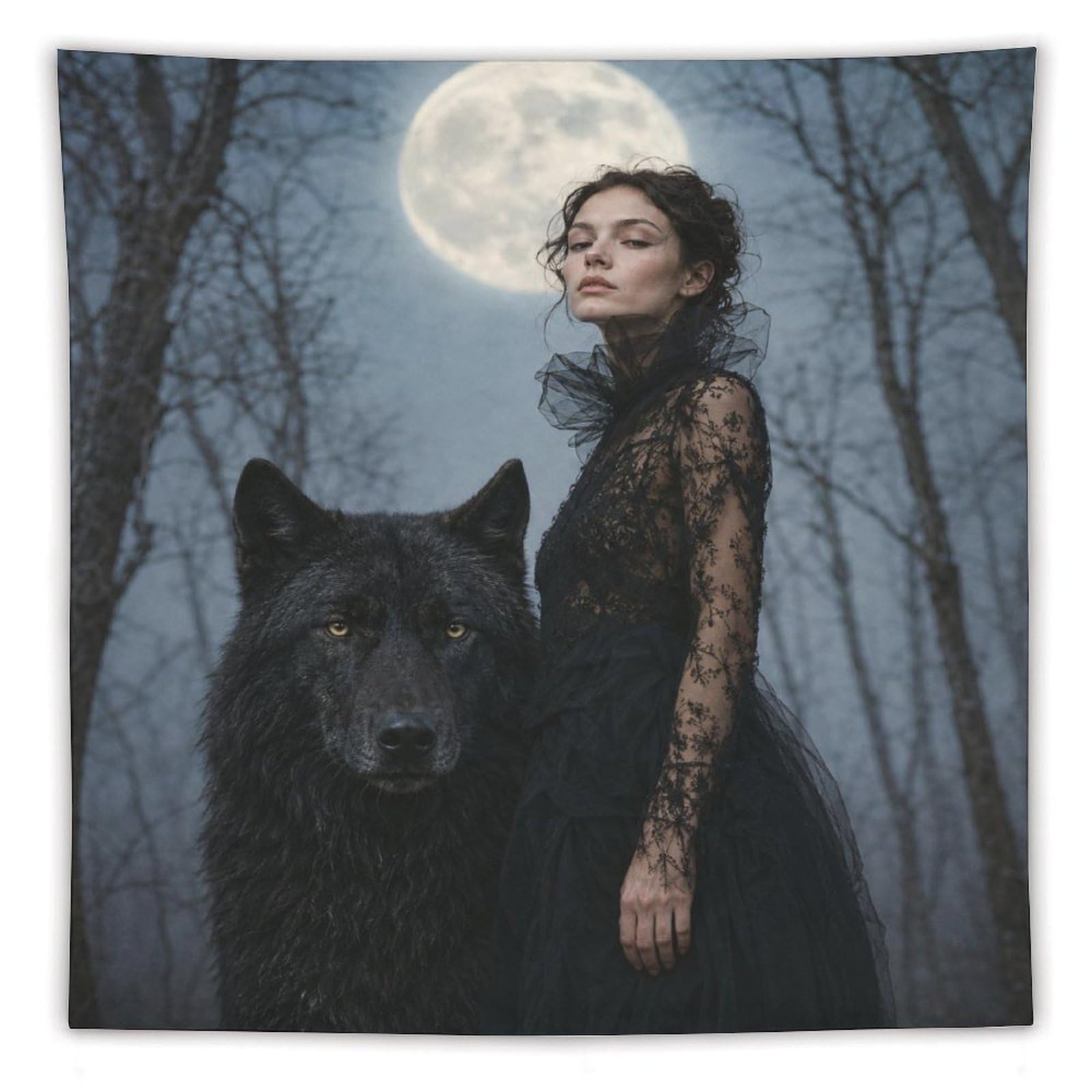 W7C8U2X3 Woman with Black Wolf Wall Tapestry, Surrealist, Full Moon