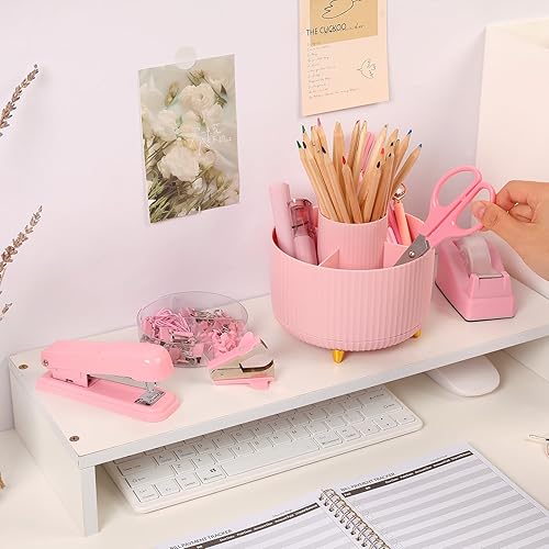 Miniatura 8 de SKYDUE 10 accesorios de escritorio rosa, soporte giratorio para bolígrafo, grapadora, removedor de grapas, dispensador de cinta, 2 recambios de