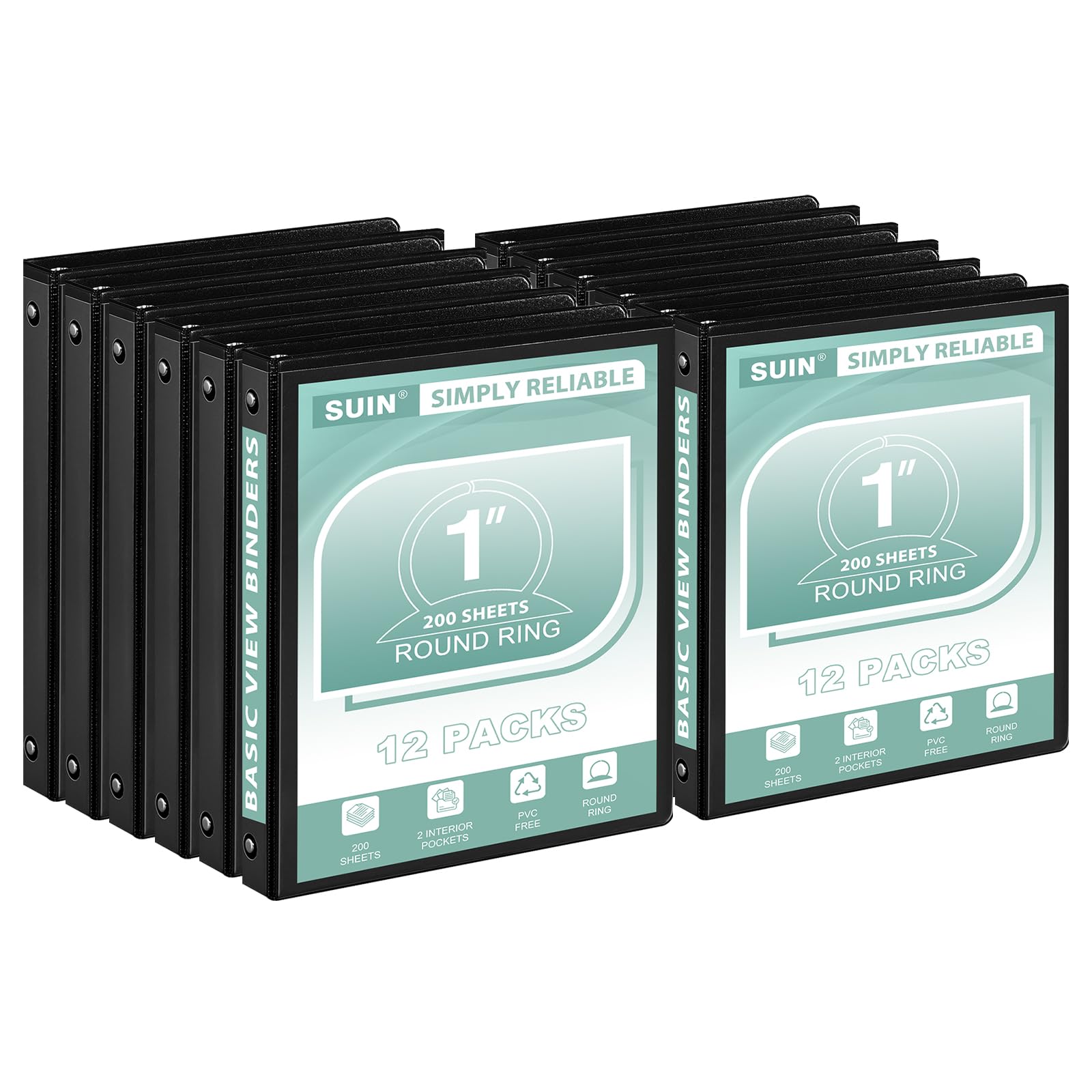 SUIN 1-Inch 3-Ring Binder, Customizable Clear View Cover, 12 Packs, Black