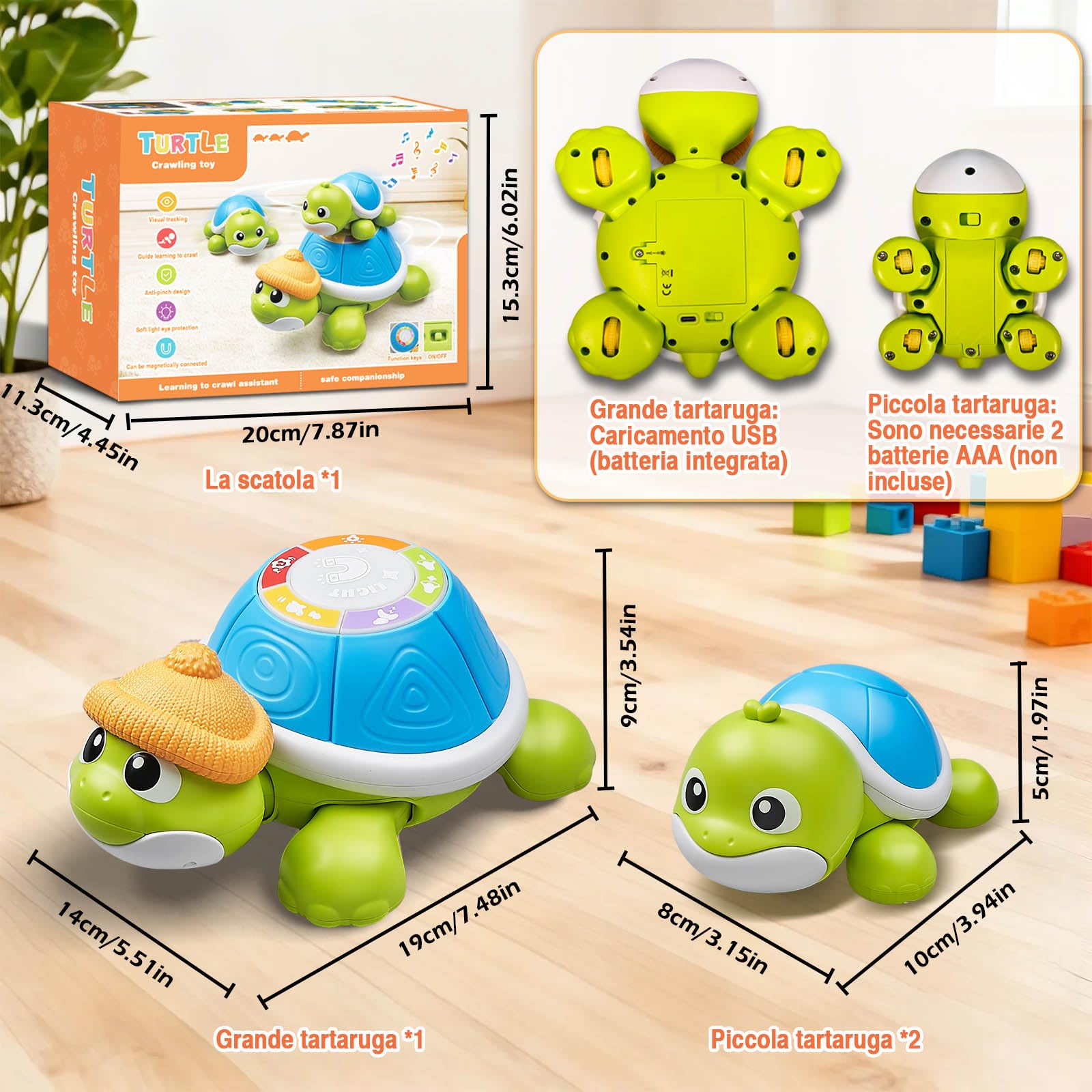HILKKET Giocattolo strisciante per bebè, 3 pezzi, tartaruga che cammina con musica e luci, giocattolo per bambini 3-6-12 mesi regalo, 1 2 anni ragazza giocattoli di risveglio musicale, idea regalo per