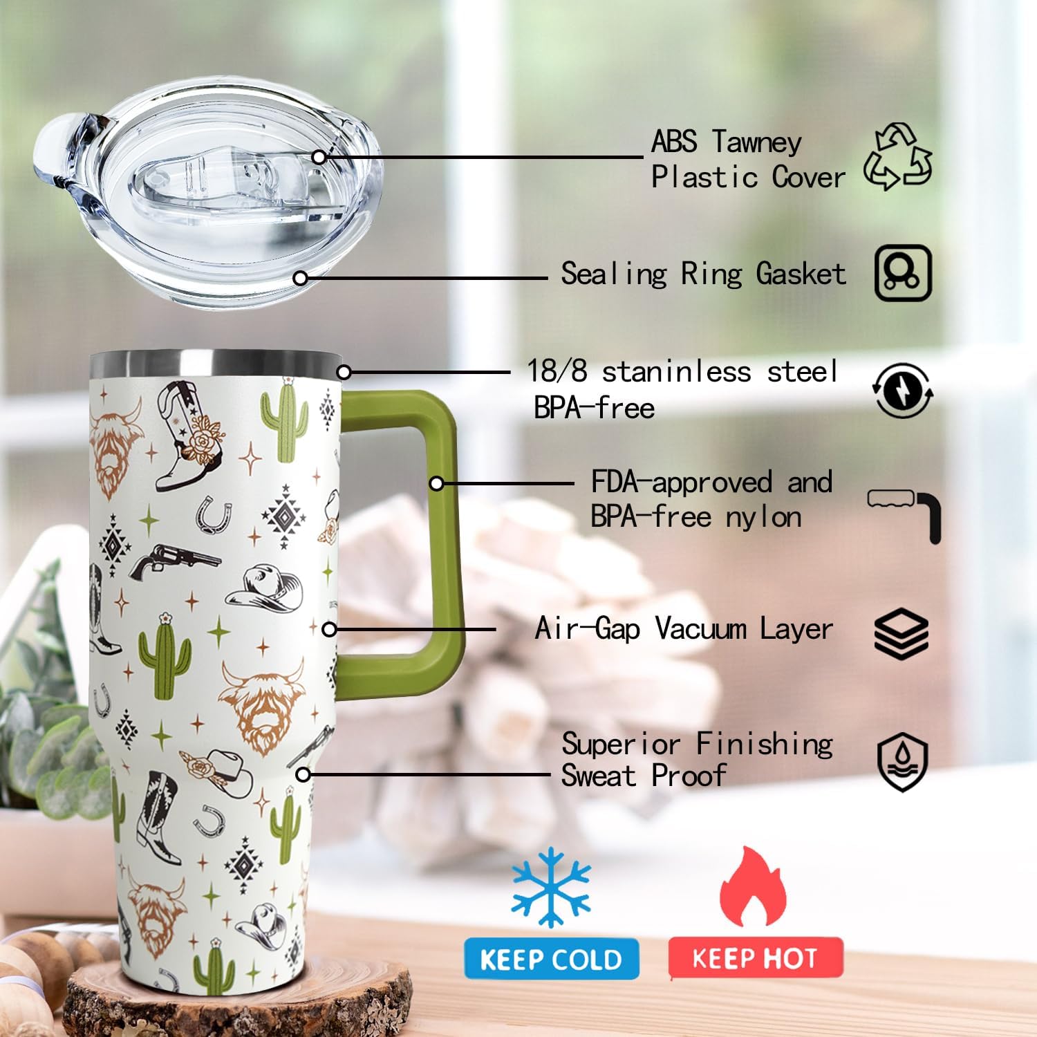 Ceovfoi 40 Oz Western Tumbler With Handle, Cow Skull Coffee Travel Mug Cup Water Bottle, Western Decor, Gifts for Women - Image 3