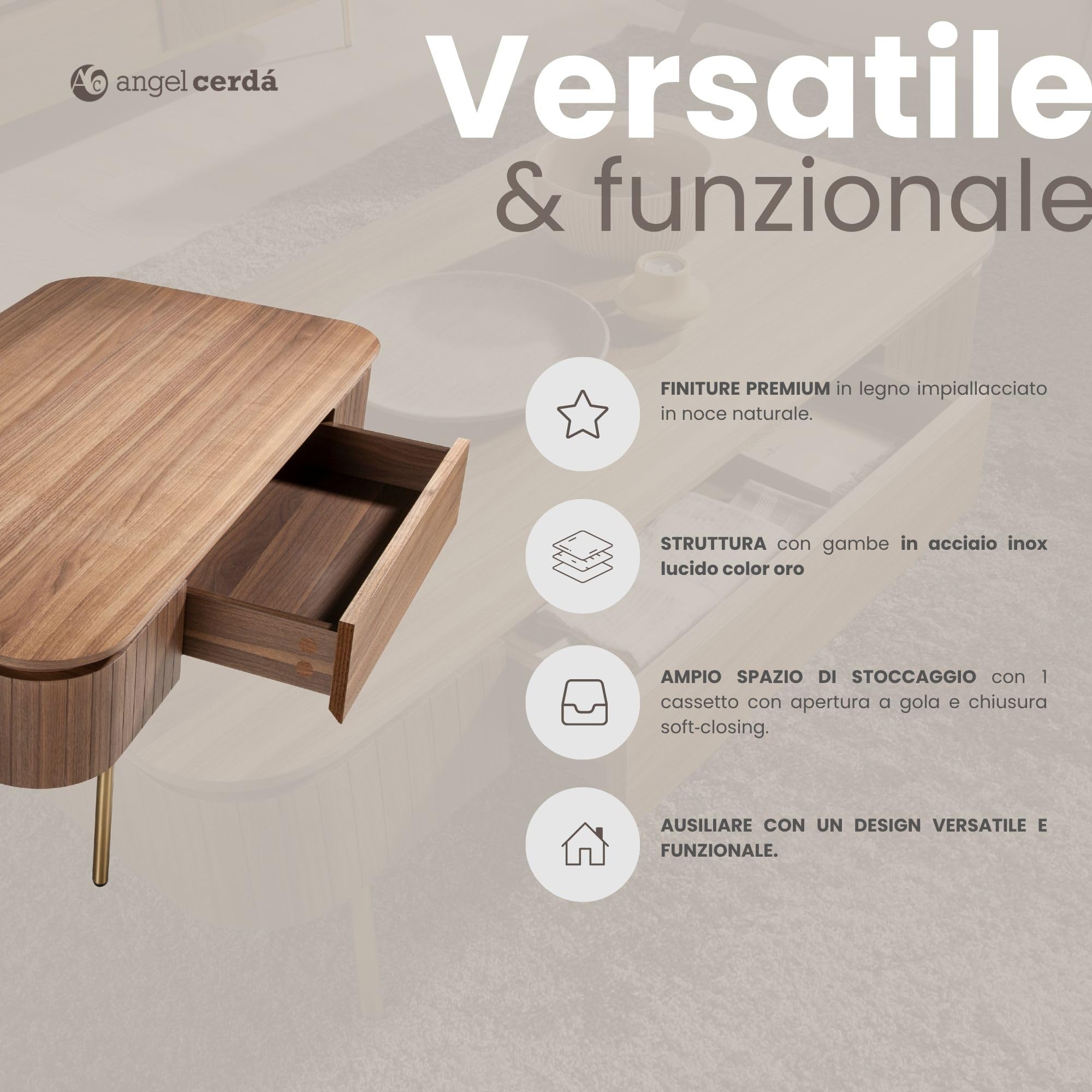 Ángel Cerdá - Tavolino Rettangolare in Noce e Acciaio Dorato con Cassetto Centrale - Tavolino Moderno ed Elegante - Originale e Versatile - Materiali Resistenti - 120 x 60 x 37 cm