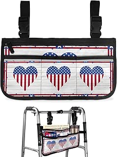 4th of July Wheelchair Side Bag Walker Bag, American Flag Heart Star on Wood Red Striped Wheelchair Accessories Armrest Pouch, Organizer Storage Bag for Walkers, Rollators, Scooters, 7.3'x13'