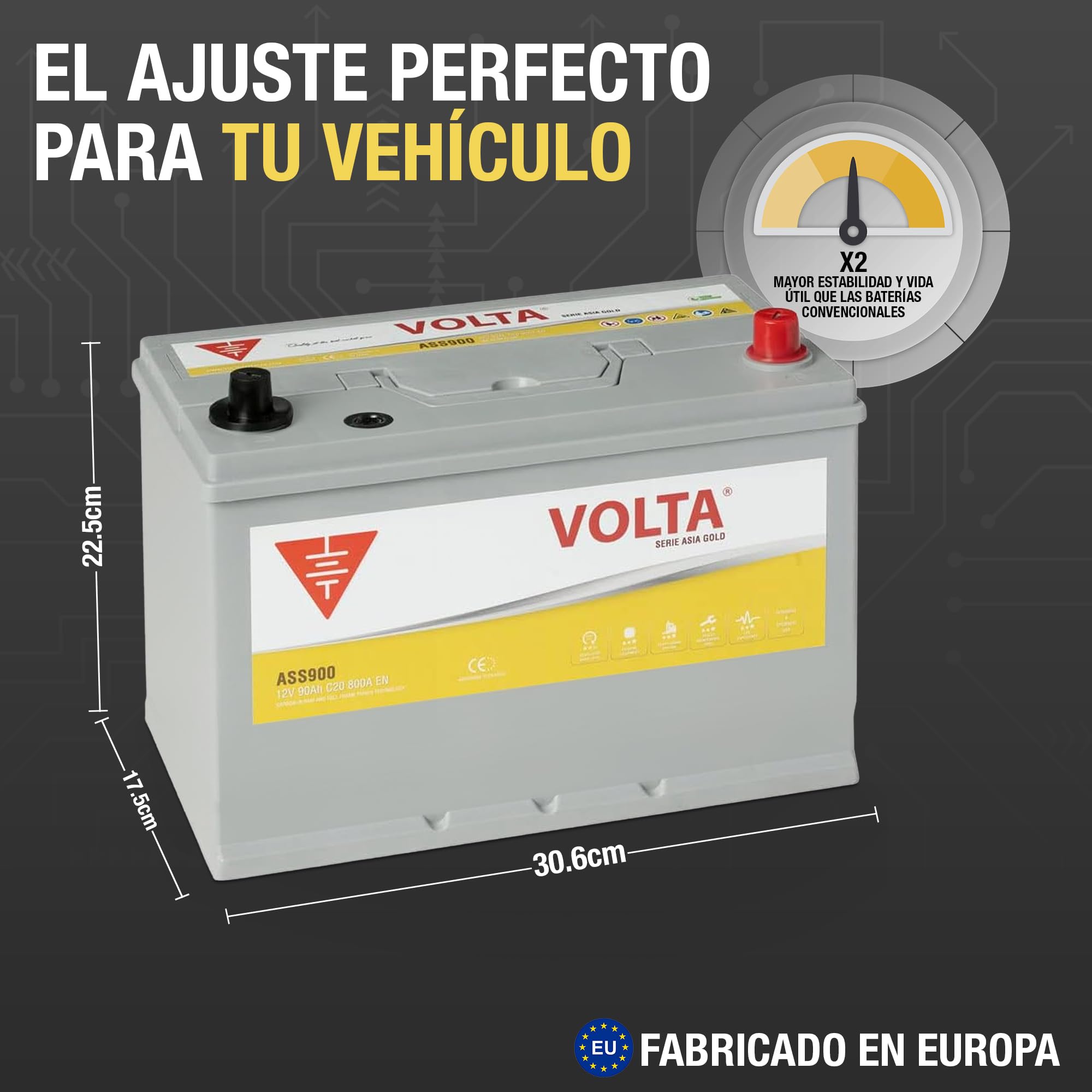 Batería de Coche Start-Stop EFB 90Ah 800 AEN - Volta Gold Asia ASS900D - Sistema Start-Stop - Borne +Derecha - Medidas Largo 306 x Ancho 176 x Alto 225 mm con 2 Años Garantía - Fabricación Europea