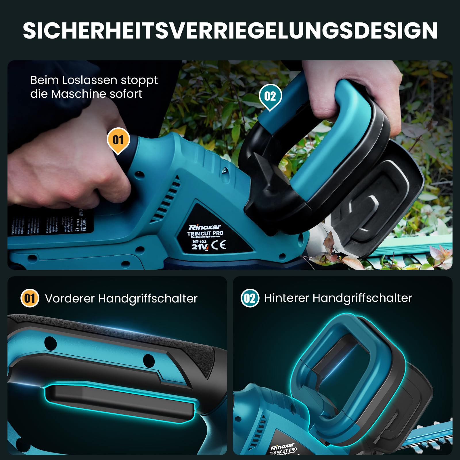 Akku Heckenschere mit 2x4000mAh Akku und Ladegerät, Elektrischer Heckentrimmer, 600W Bürstenloser Motor 28500rpm, 52cm Messerlänge, Sicherheits-Doppelschalter Hedge Trimmer für Garten Hecken
