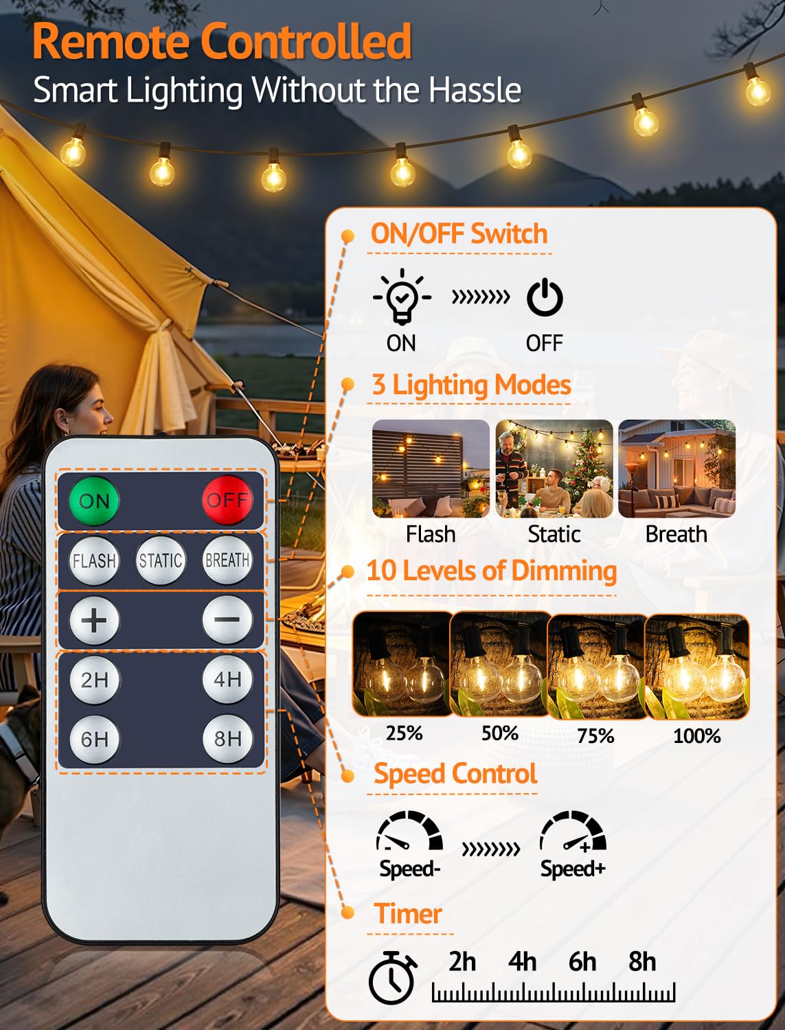 Larkvue Solar-Lichterkette für den Außenbereich, mit Fernbedienung, wasserdicht, dimmbar, 3 Modi, Terrassenlichter mit 20 + 2 LED G40 Glühbirnen für Café, Bistro, Schwarz