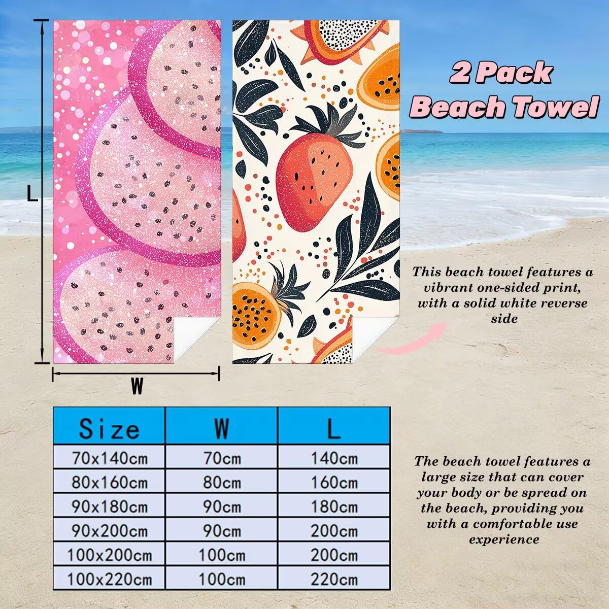 Toalla Playa 80x160 cm, Toalla Gimnasio Microfibra Secado Rapido, Juego de 2 Antiarena Toallas de Playa, Ligera Compacta Toallas Microfibra Grande para Viaje, Regalo Hombre Regalo Mujer (Fruta) -4235