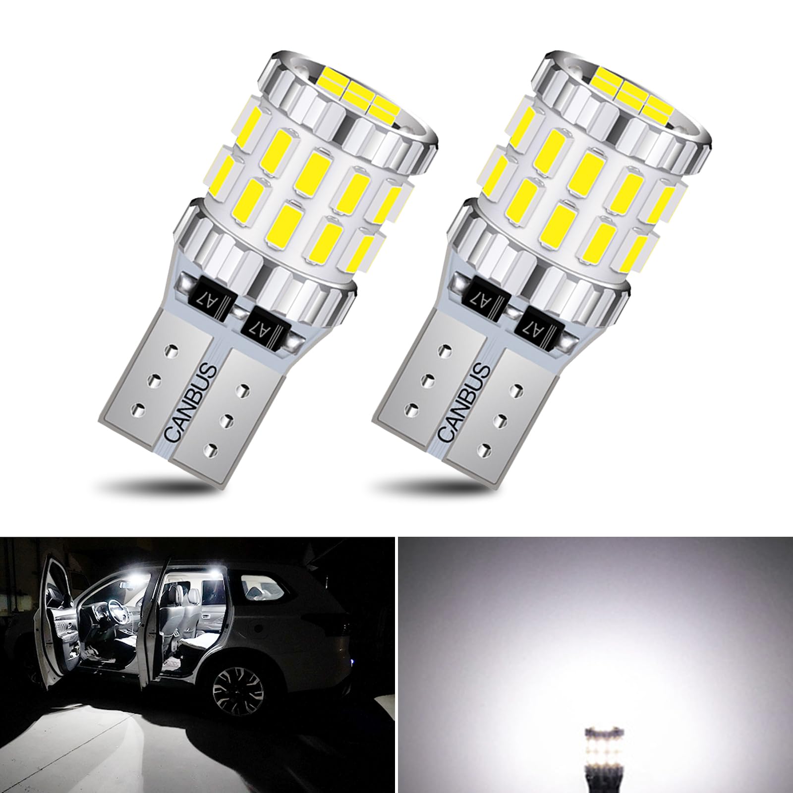 Pack-2 Car Wide Lights, 3W Led Light Bulbs, Aluminum Reading Lights, License Plate Lights, Instrument Lights, Auto Bulb Replacements, Universal for Most Cars, Trucks, SUVs (White)