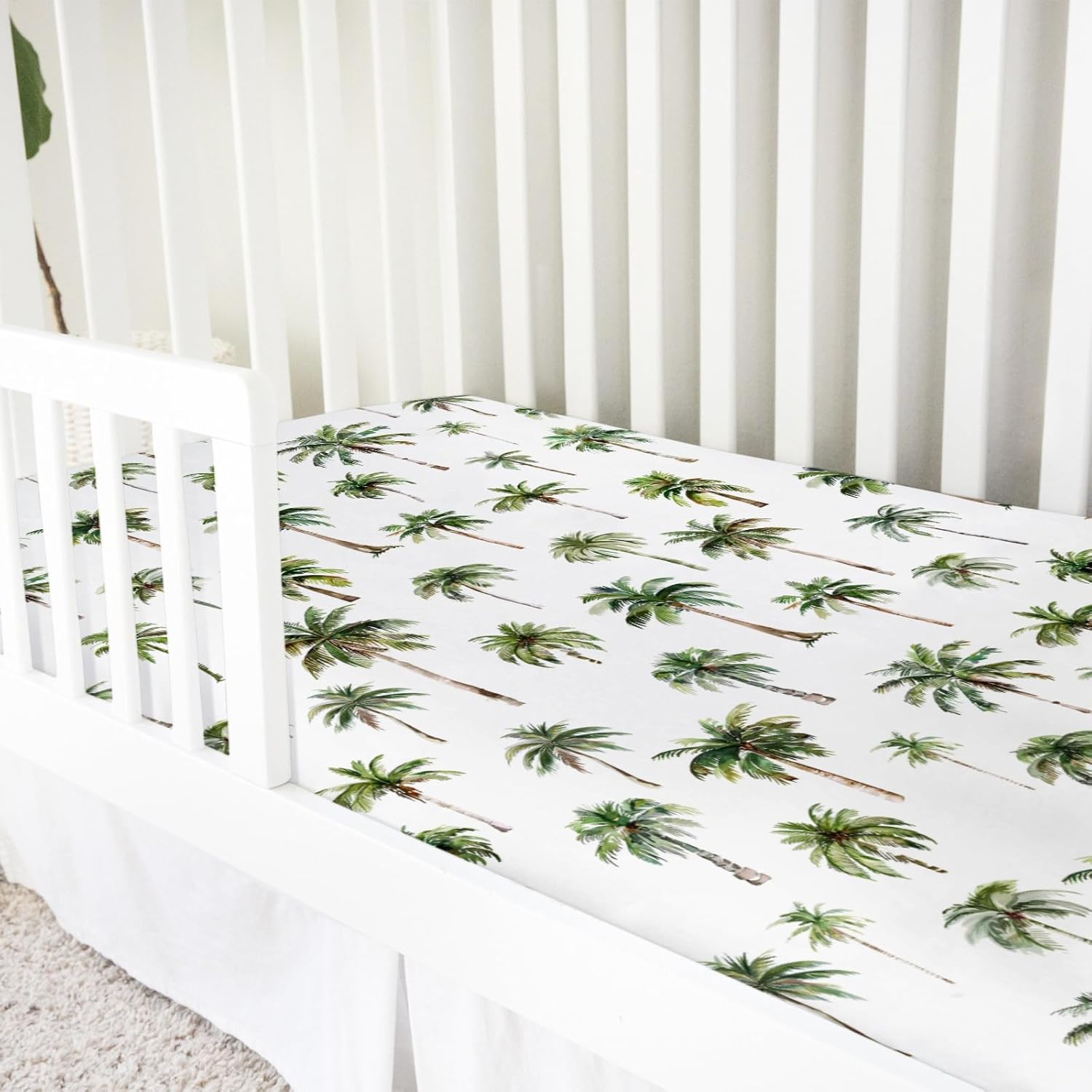 Watercolor Palm Trees Baby Crib Sheets 52''x28'' Green Coco Palm Trees Snug Fitted Crib Mattress Cover for Boy Girl Summer Beach Soft Baby Nursery Bed Sheets for Standard Crib and Toddler Mattresses