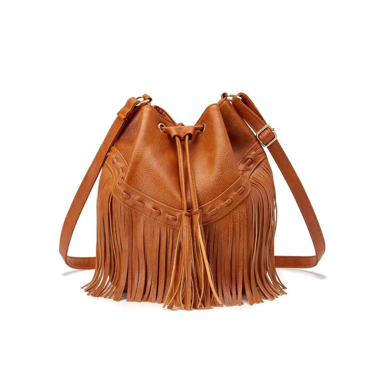 Gladdon Boho Fringe Bucket Bag Crossbody Shoulder Purse for Women vintage lightweight drawstring snap closure shoulder fit for daily outings weekend trips casual beach leisure occasions