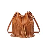 Leather Bucket Bags for Women Crossbody Fringe Purses with Drawstring Ladies Tassel Hobo and Shoulder Handbags