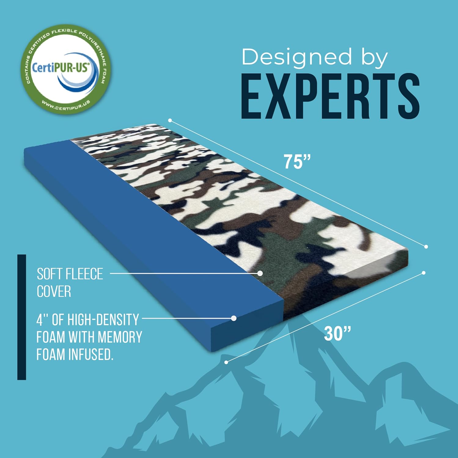Foamma 4'' x 30'' x 75'' Memory Foam Camouflage Roll-Up Camping Mattress with Soft Fleece Zipper Cover, Foldable and Portable, RV Bunk, Tent, Guest Bed, Outdoor and Dorm, CertiPUR-US Certified Foam