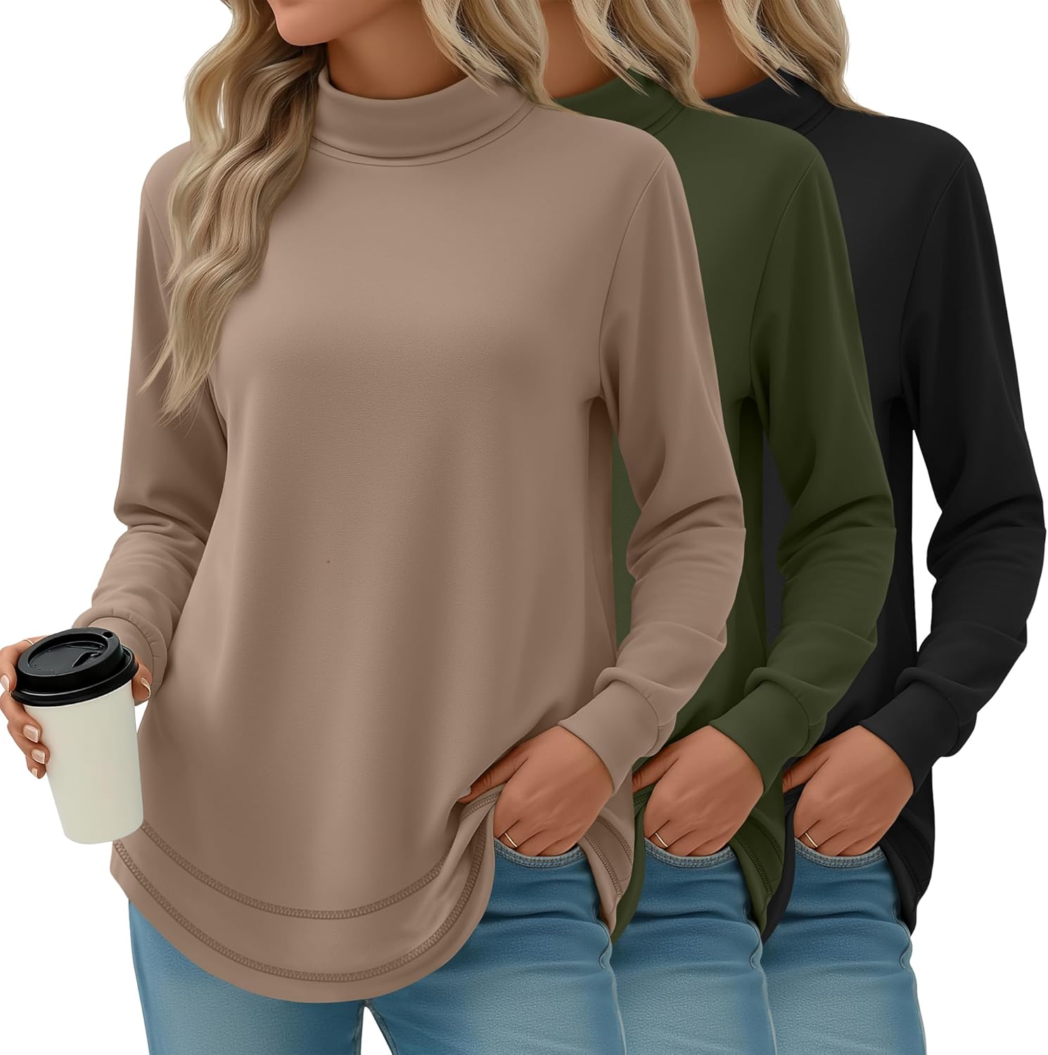 3 Pack Women's Turtleneck Sweatshirts, Long Sleeve Cotton Shirts Curved Hem Pullover Tees Tunic Casual Winter Tops