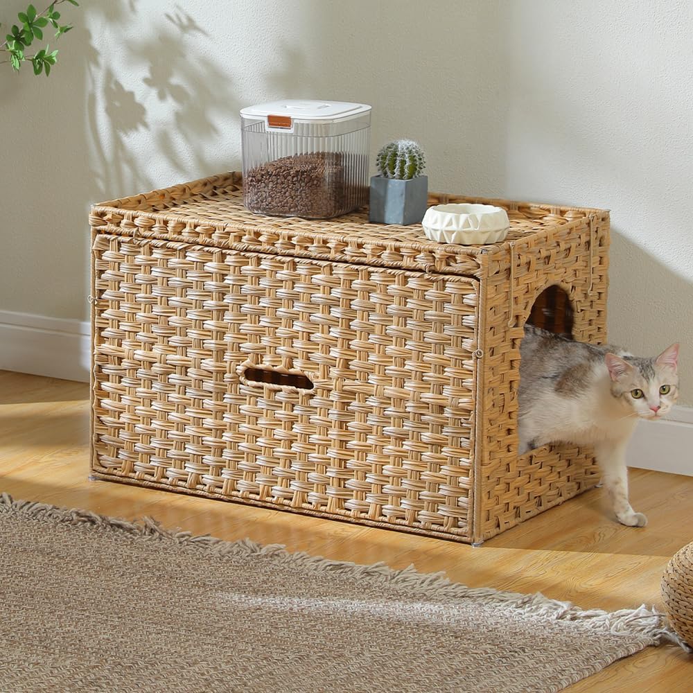 Rattan Cat Litter Box Enclosure - Extra Large Hidden Litter Box Furniture by Handwoven Wicker with Taller Doorway & Raised Edge Mat-Cat House Cabinet for Large Cats Indoor Odor Control, Beige