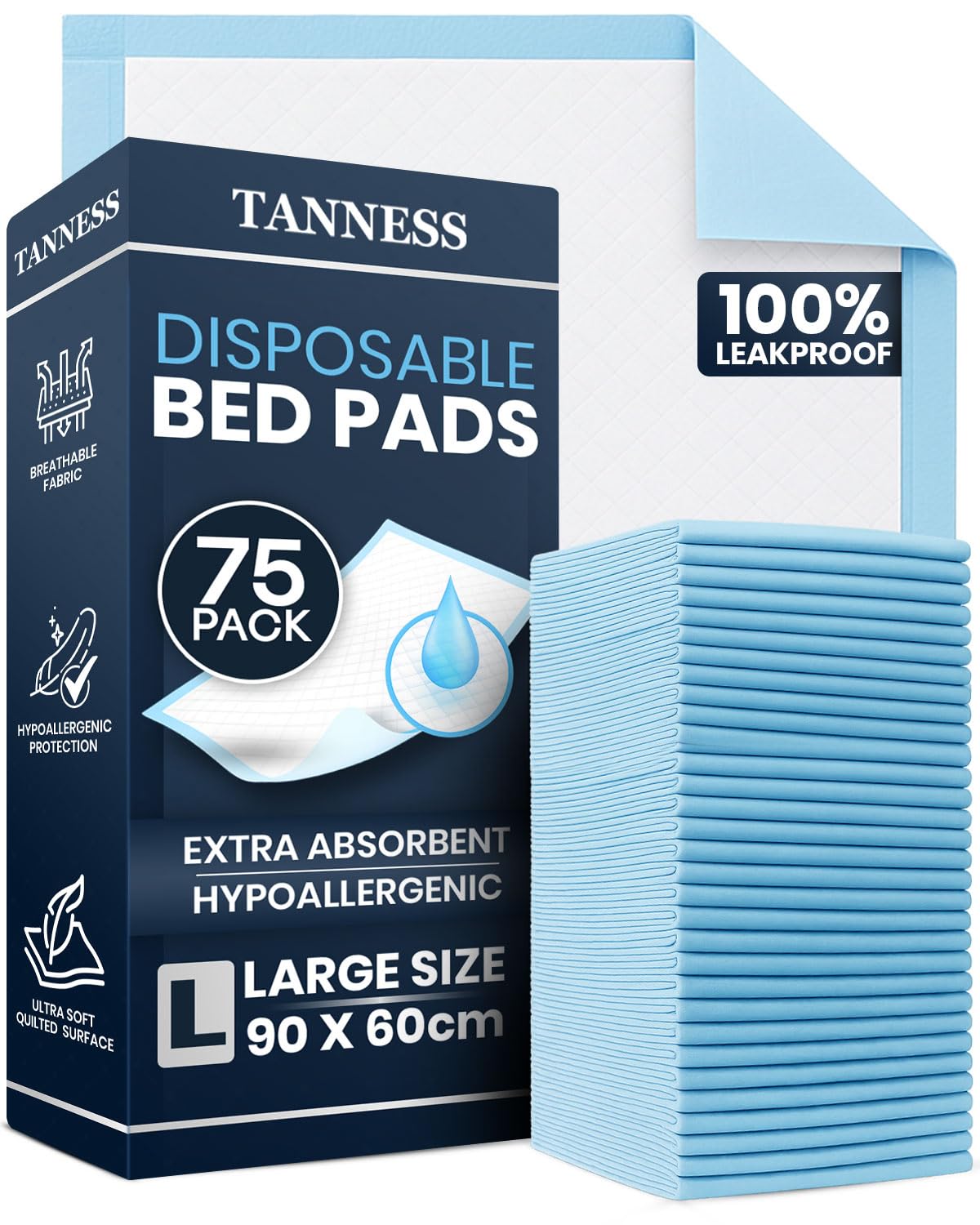 Tanness Women's Blue 75 X Disposable Incontinence Bed Pads - 90X60cm Incontinence Pads And Men - Waterproof Sheet, Bed Wetting Mats - Disposable Changing Mats Baby