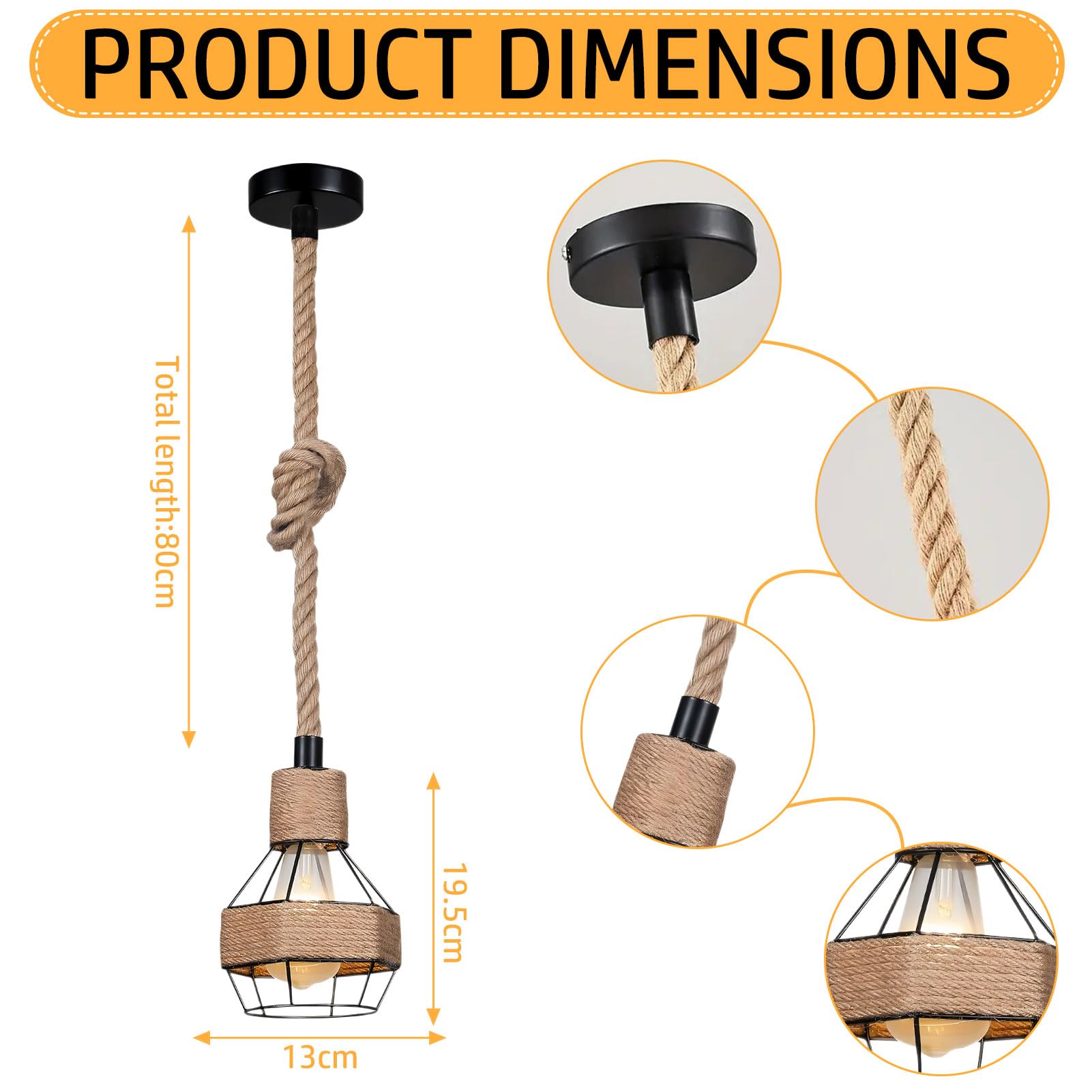 ACAREY Hanfseil Seillampe Seil Lampe, Lampenaufhängung Schwarz, Lampenfassung E27 mit Kabel, Lampenkabel mit Fassung, Outdoor Lampe Hängend, für Küche, Esszimmer, Café (A)