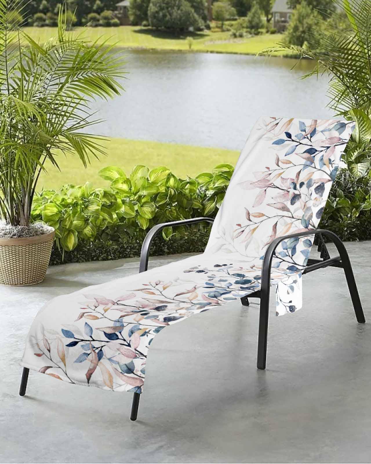 Rustic Blue Leaves Beach Chair Towel Covers for Chaise Lounge with Side Pocket, Soft Plush Pool Towels Cover for Patio Sunbathing Outdoor 29''x85'' Weeping Shabby Chic Eucalyptus