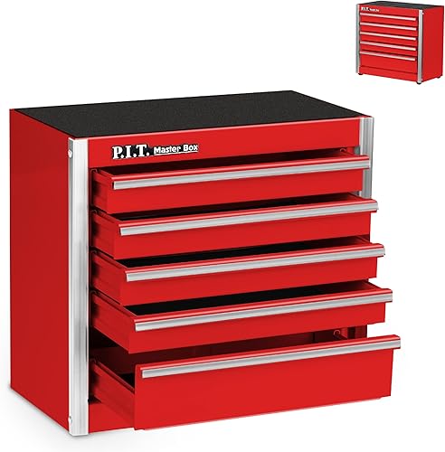 P.I.T. Mini caja de herramientas roja, portátil de 5 cajones, caja de herramientas apilable de acero con forro, pequeña caja de herramientas roja