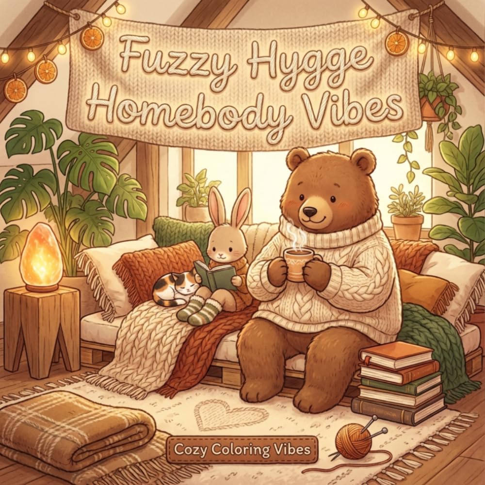 Fuzzy Hygge Homebody Vibes: Cute & Adorable Animal Coloring Book for Adults & Teens | Easy Bold Line Designs of Relaxing Home Scenes, Quiet Daily ... (Cozy Fuzzy Hygge Friends Coloring Books)