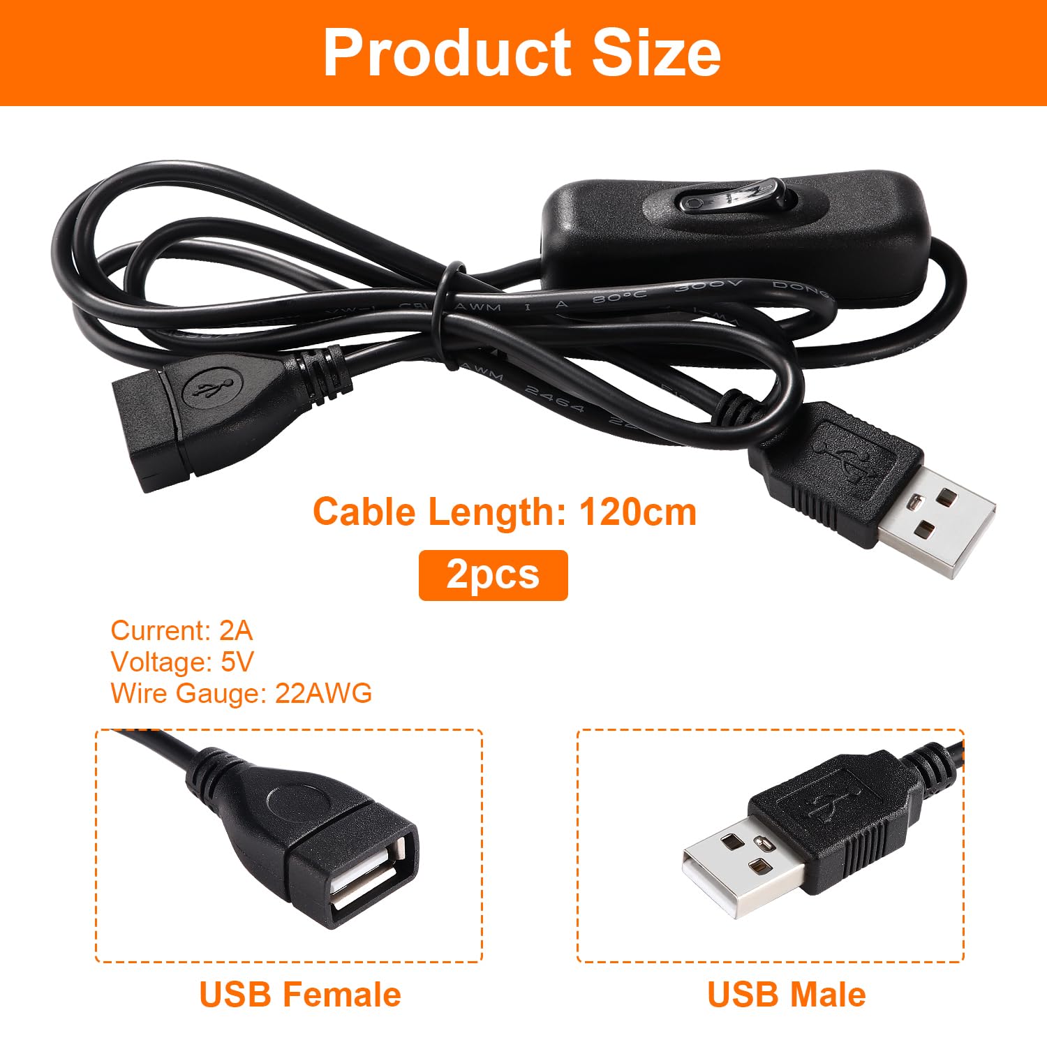 KUOQIY 2 PCS 1.2m USB Extension Cable with On/Off Switch, LED Desk Lamp & Strip Compatible, Black, USB - 1.2m - Image 2