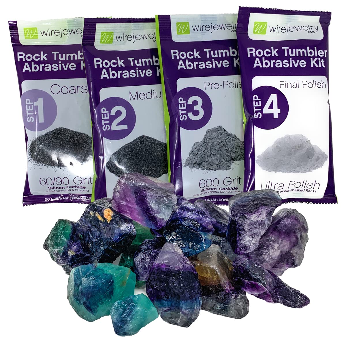 Rainbow Fluorite Rock Tumbler Refill Kit - 1.5 Lbs. of Rainbow Fluorite Stone Mix and 1 Batch of 4 Step Abrasive Grit and Polish