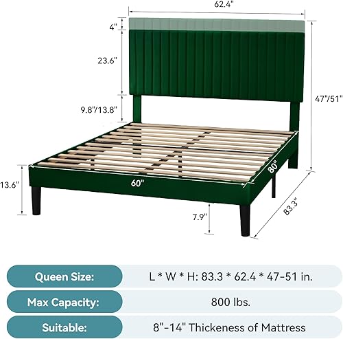 Miniatura 83 de HOOMIC Base de cama de plataforma de tamaño matrimonial, cama tapizada de terciopelo moderno con cabecera capitoné de canal vertical ajustable,