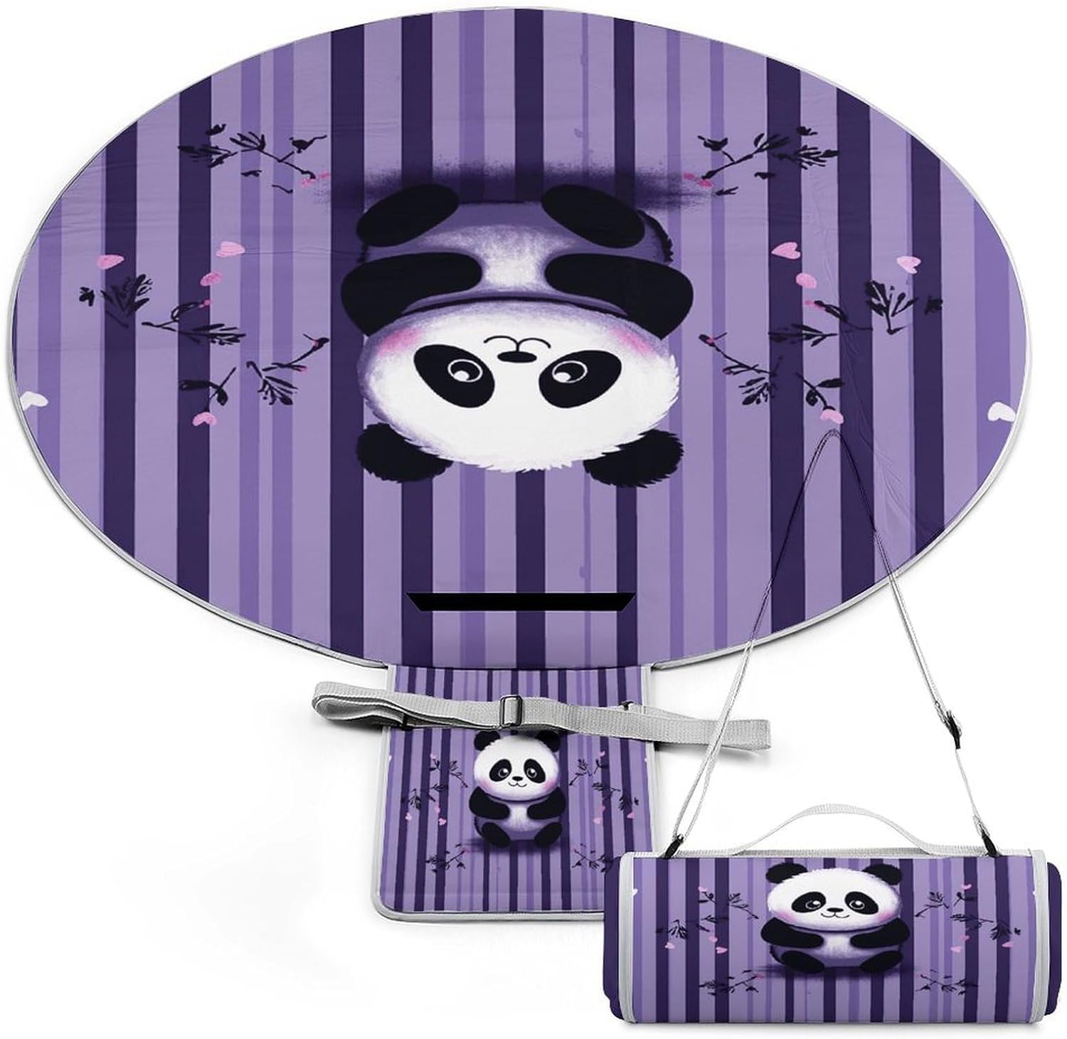 Purple Striped Panda Picnic Mat Lightweight Waterproof Picnic Blankets Extra Large Picnic Outdoor Blankets Foldable Sandproof Beach Blanket for Park Beach Camping Courtyard 58.3''x58.3''
