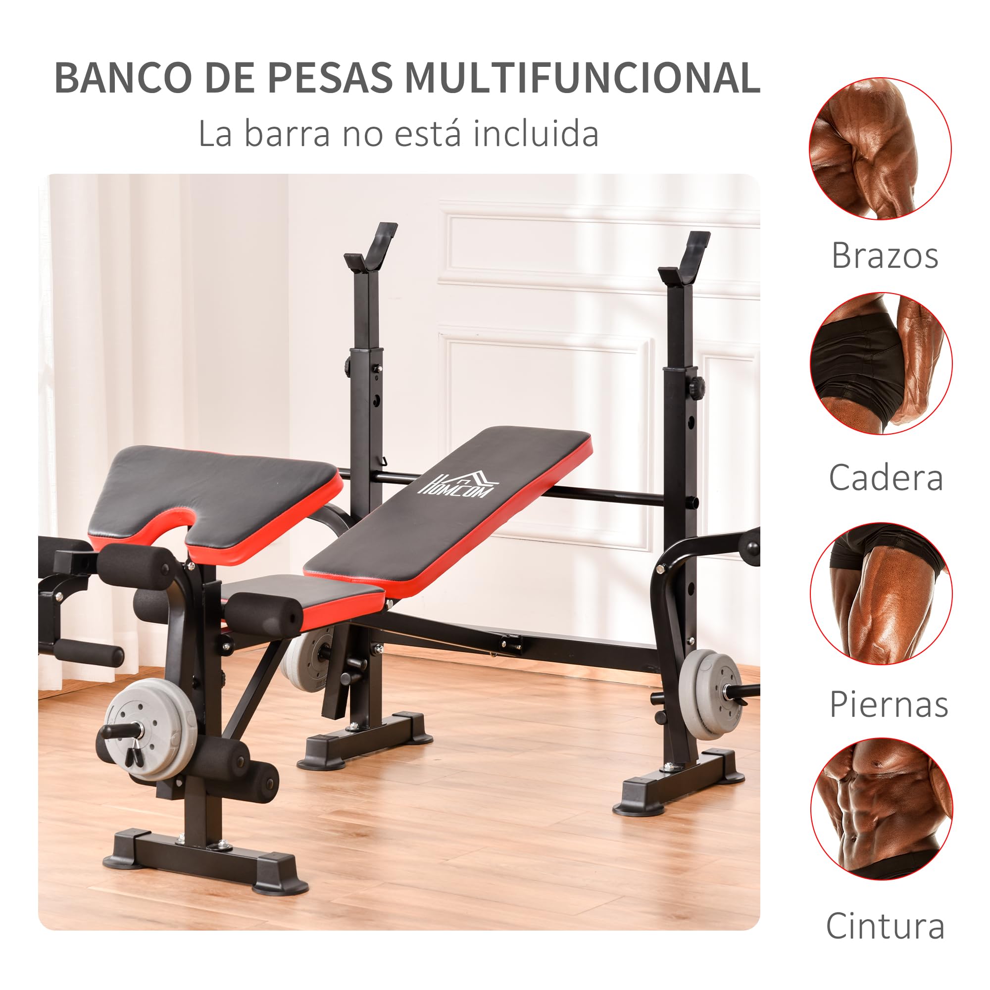 HOMCOM Banco de Pesas Multifuncional Banco de Musculación con Respaldo Ajustable Soporte de Barras Extensión de Piernas Almohadilla de Predicador Mariposa Entrenamiento en Gimnasio Oficina Negro