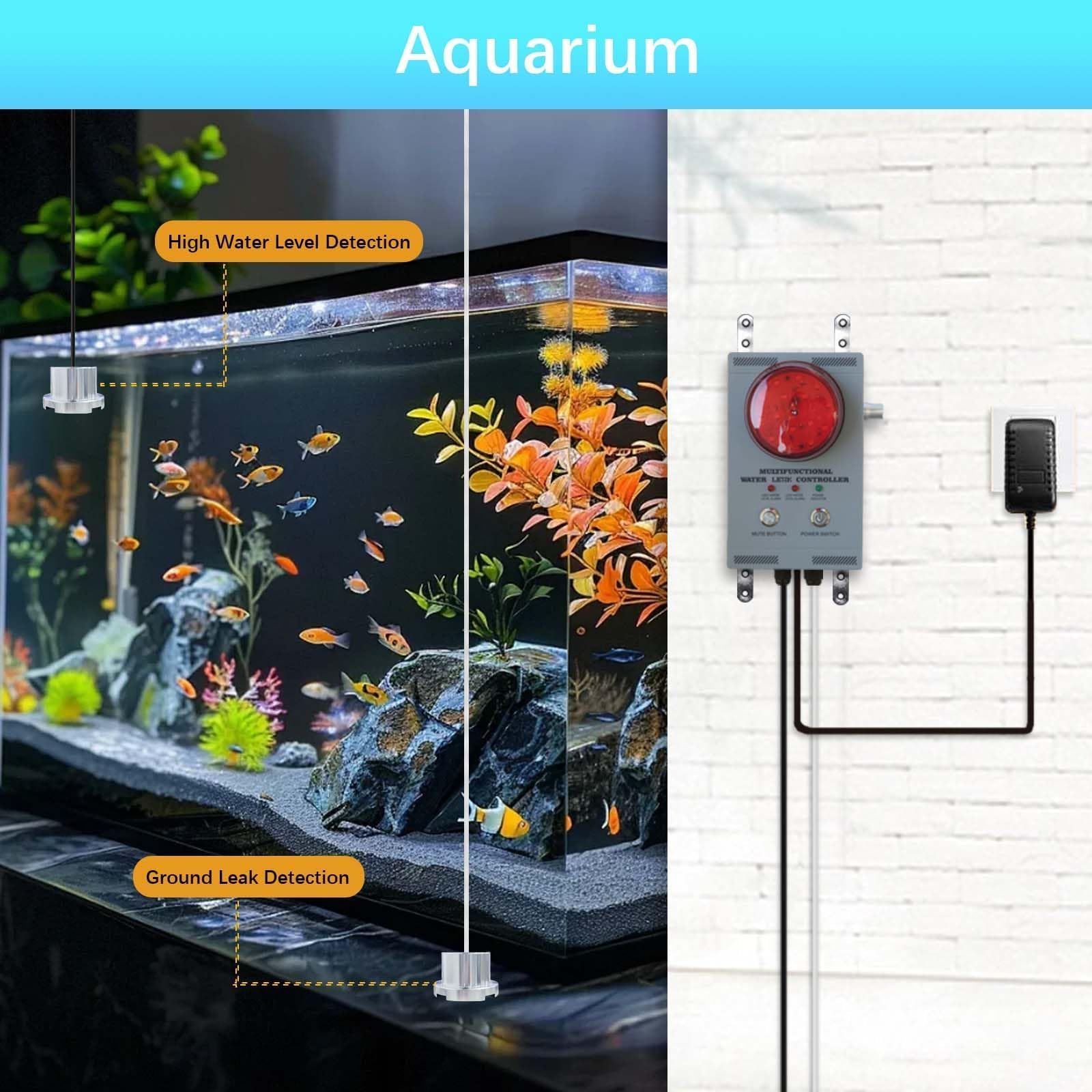 Alarma Profesional de Fuga de Agua, Detector con Doble sonda, Alarma 120dB Ajustable Sonora/Visual, Cable 10m, Totalmente metálico para Bomba de sumidero/sótano/fosa séptica/Pozo/fábrica/almacén
