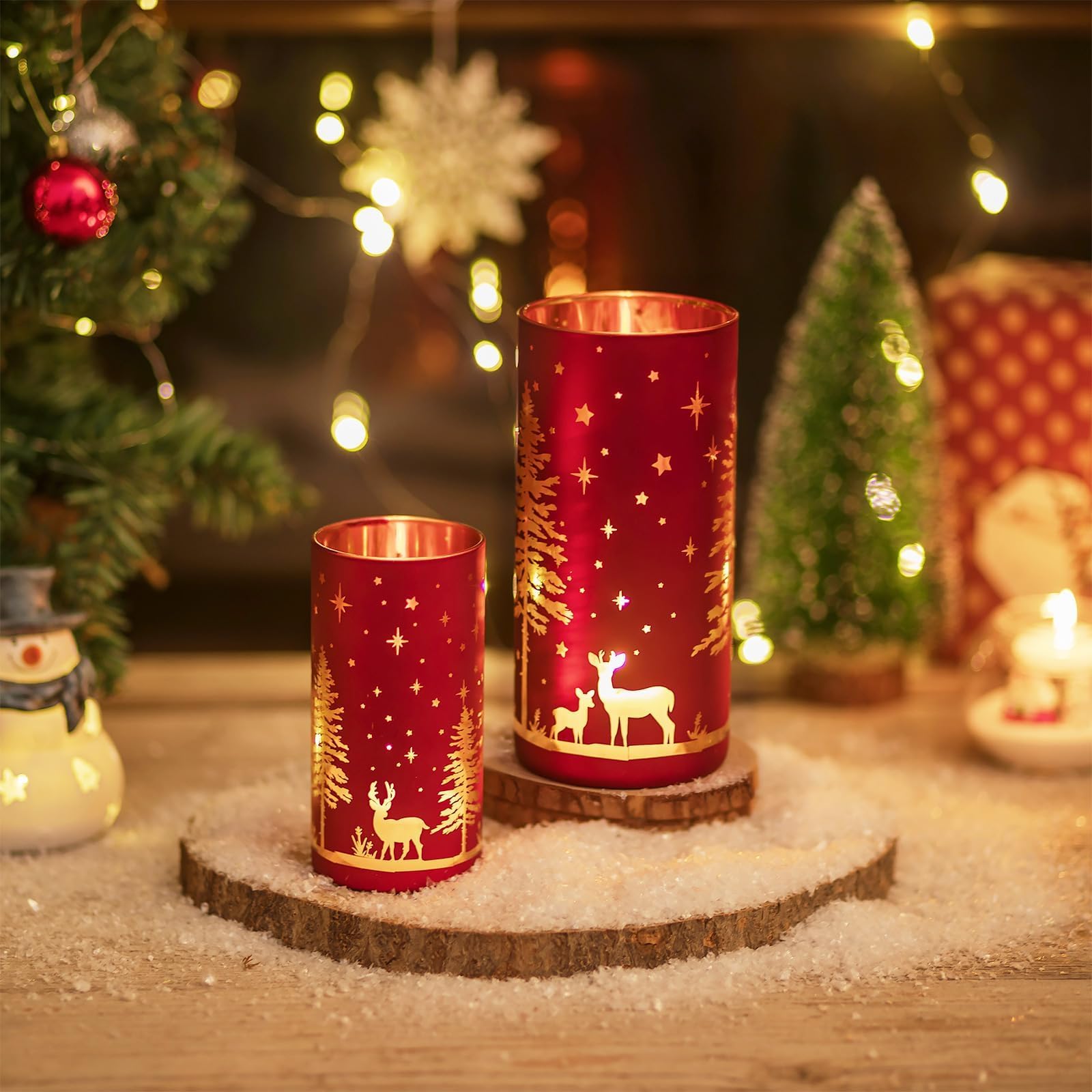 Hewory Christmas Hurricane Candle Holder, Red Gold Reindeer Christmas Decor