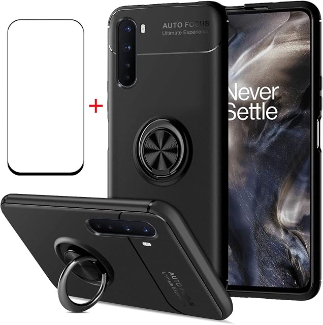AKABEILA OnePlus Nord 2 5G Phone Case Silicone, OnePlus Nord 2 5G Case and Screen Protector, Compatible for OnePlus Nord 2 5G Case Cover, Shockproof Kickstand Ring Grip Holder Tempered Glass, Black