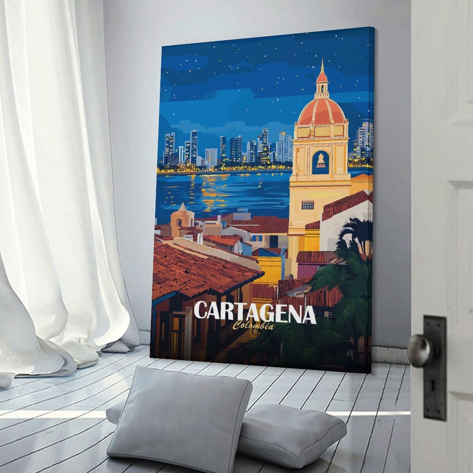 Junmoney Cartagena Colombia Cityscape at Night Room Decor Wall Art, 08x12inch(20x30cm), for Bedroom Walls, Guest Spaces Or Lounges, Stylish Decor for A Restful Room Update
