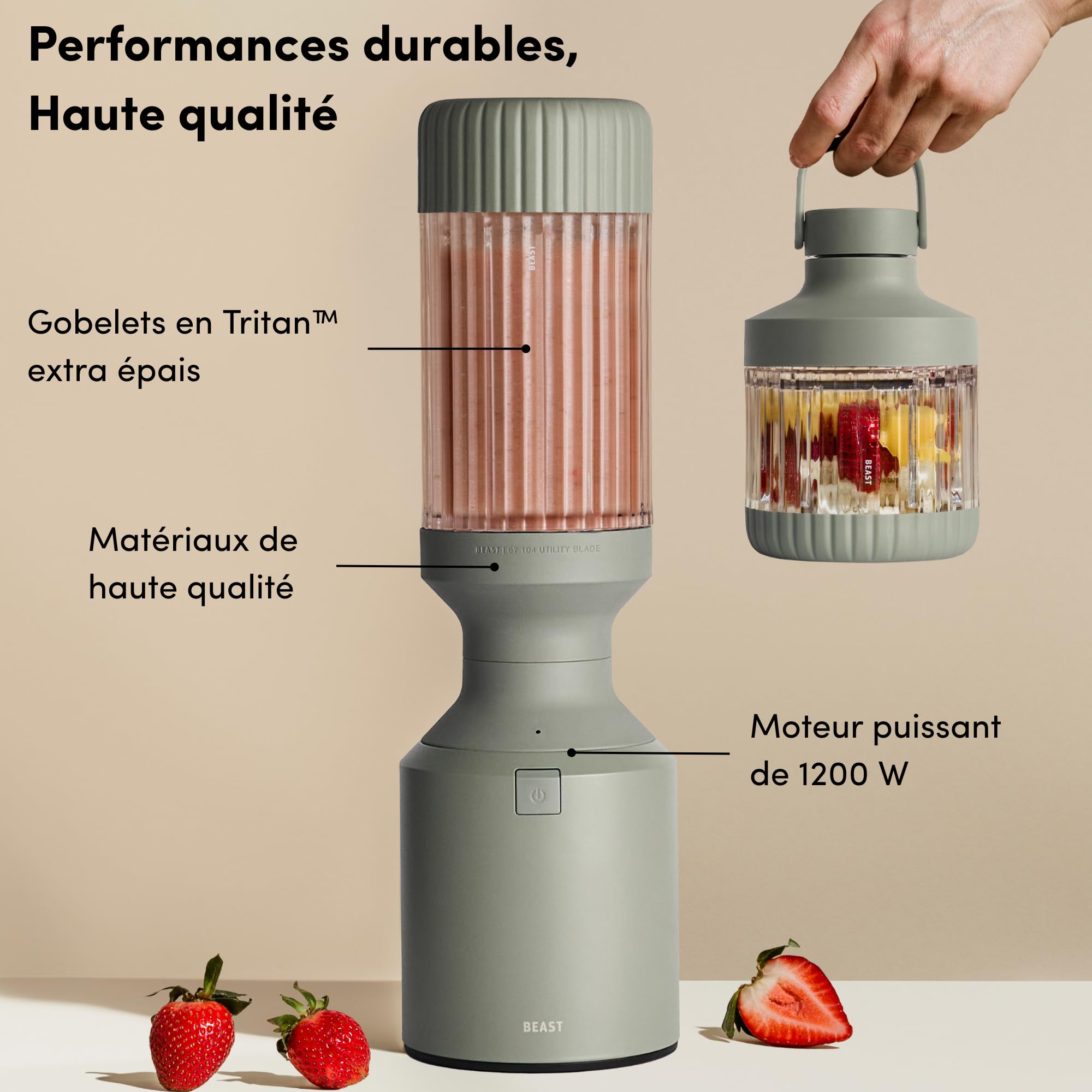 BEAST Blender smoothie 1200W - Mixeur haute performance avec 3 bouteilles portables en Tritan - 1200 ml - Couvercles et lames en acier inoxydable - Smoothie maker pour milkshakes et sauces - Sauge