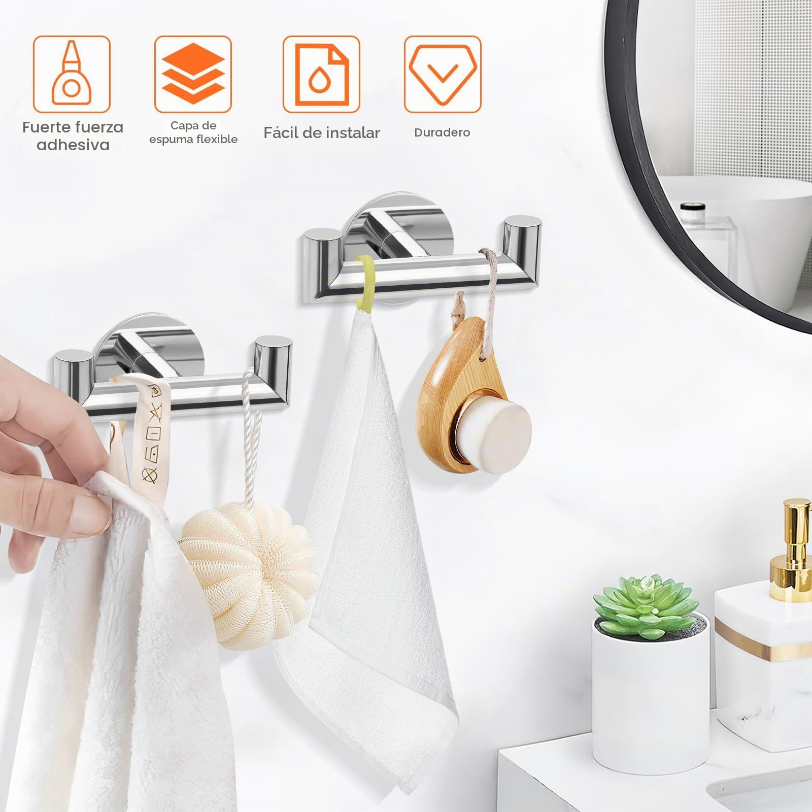 YUET Ganchos Doble Adhesivos para Pared, 2 Piezas Soporte de Pared para Toallas de Baño Albornoz Trapos, Acero Inoxidable, Colgador sin Taladrar Cocina, Cromado