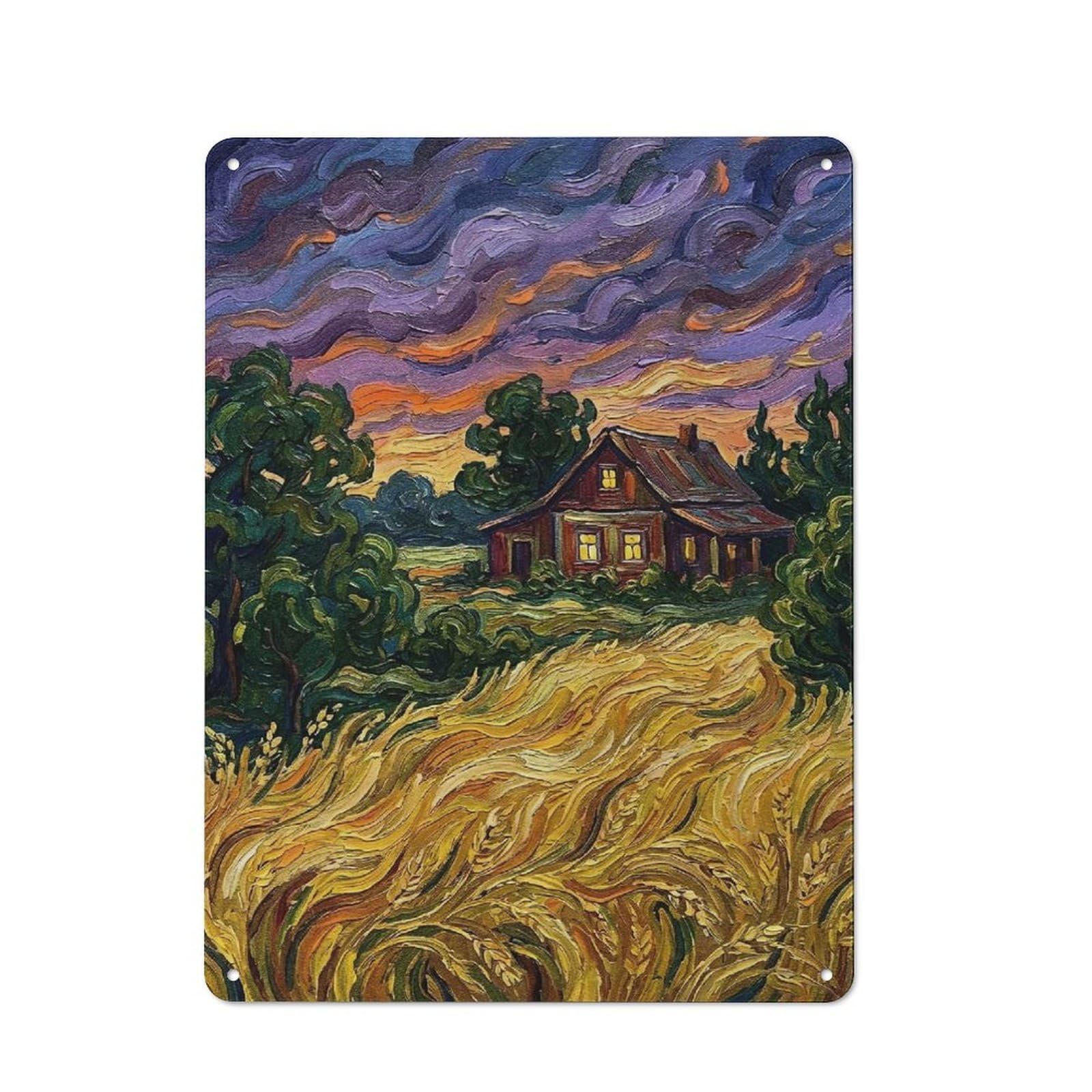 Junmoney Style-7 Everyday Impressionist Painting Of A Rural Sunset Decorative Tin Plaque 40X30cm, Room Wall Plaque For Bedroom, Kitchen, Office Or Living Room