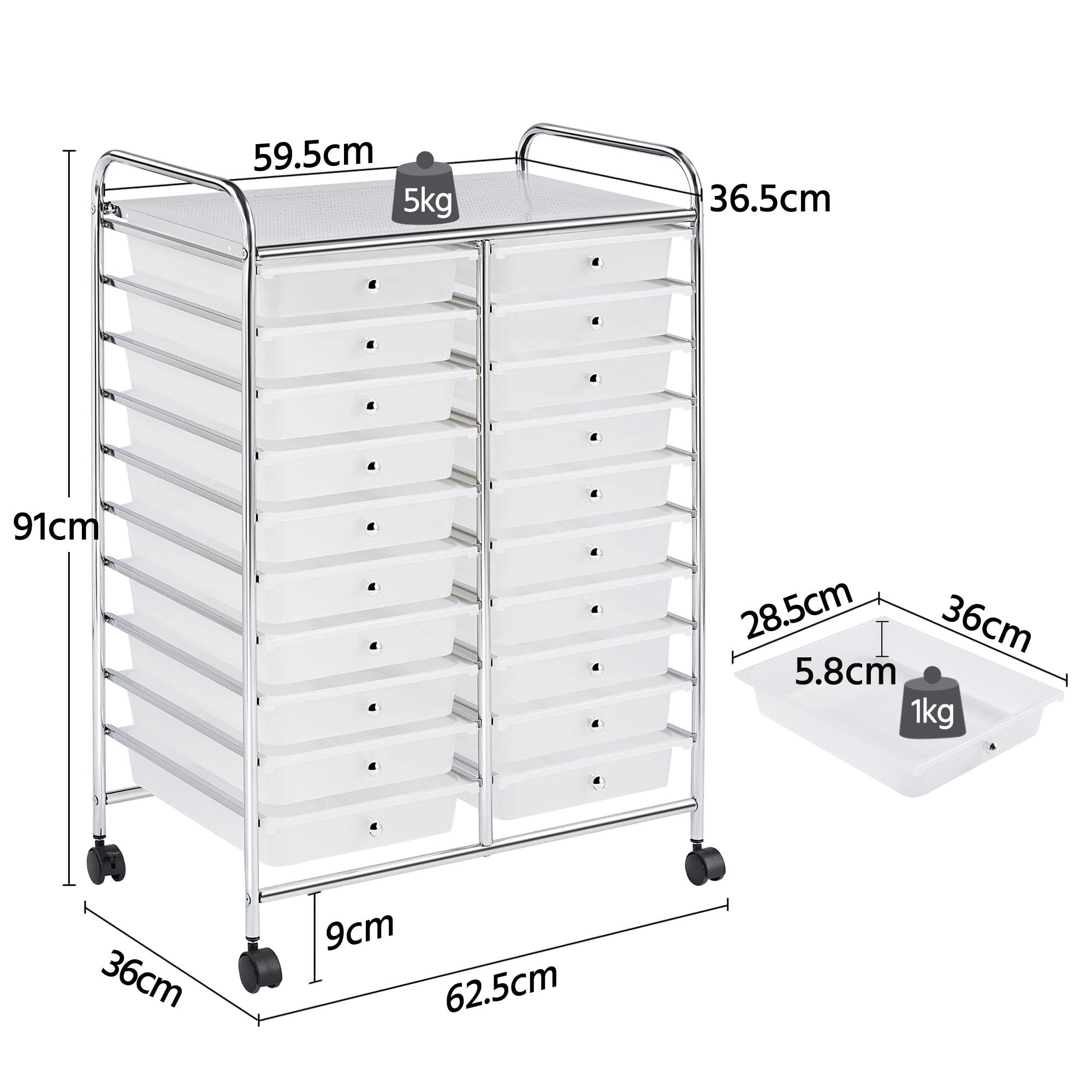 Yaheetech Rollwagen Badrollwagen Rollcontainer mit 20 stapelbaren Schubladen Allzweckwagen Metallgestell Aufbewahrungswagen Beistellwagen für Büro Küche Bad Wohnzimmer, Kunststoff,Metall, Weiß