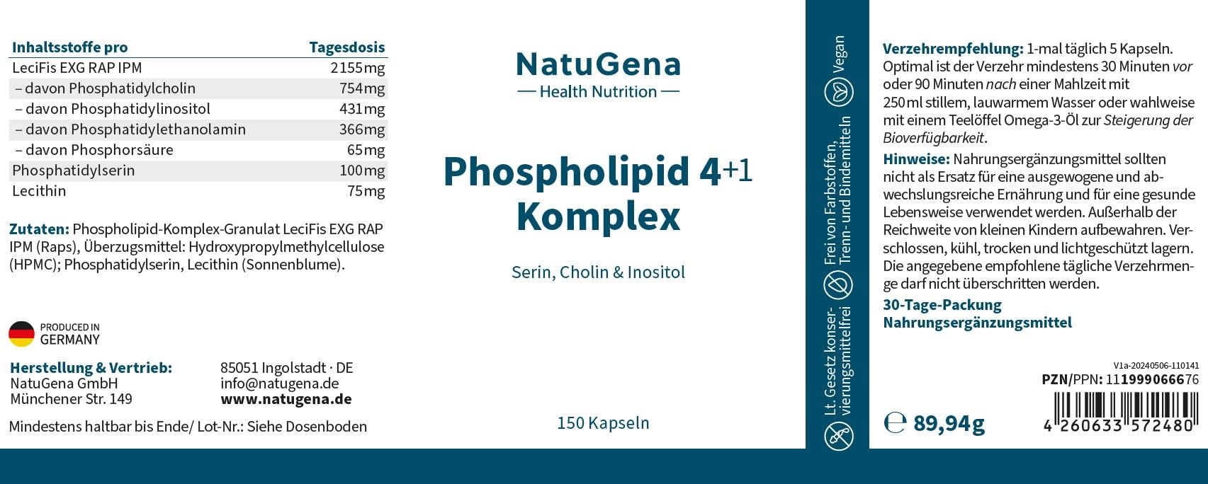 NatuGena Phospholipid 4+1 Komplex, 754 mg Phosphatidylcholin, 431 mg Phosphatidylinositol, 366 mg Phosphatidylethanolamin, 100 mg Phosphatidylserin & 65 mg Phosphorsäure,150 Kapseln (1 Monats Packung)