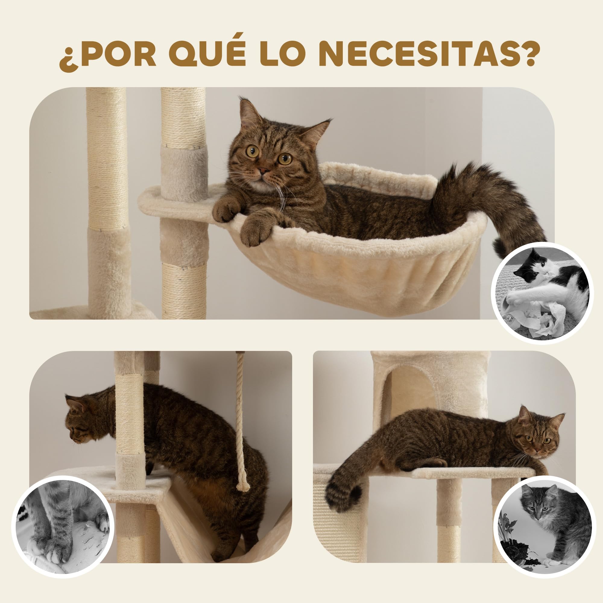 PawHut Rascador para Gatos Grande Altura 206 cm con Cuevas Hamacas Beige | Árbol para Gatos, Torre de Escalera, Plataformas, Bolas Colgantes