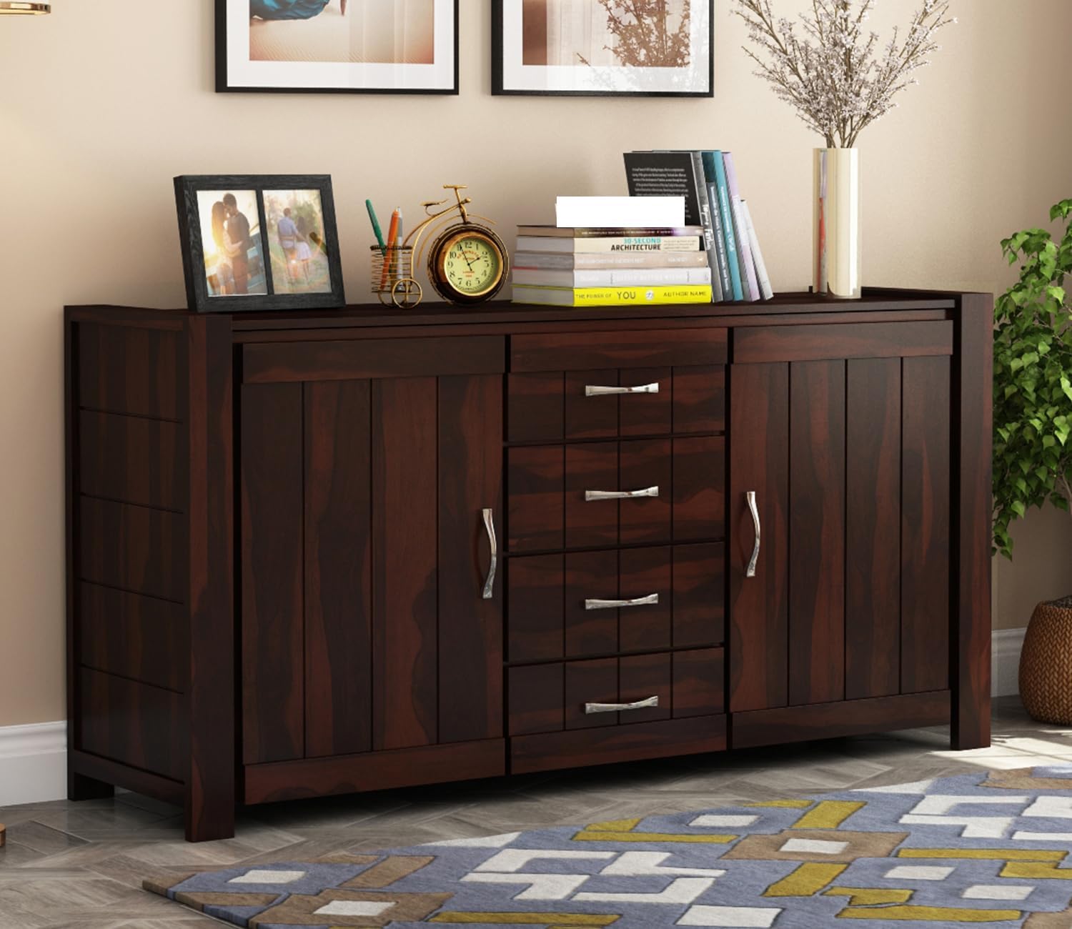 Solid Sheesham Wood Sideboard Cabinet with 4 Drawer & 4 Shelves - Chest of Drawers Wooden Drawer Storage Cabinet for Bedroom Living Room Storage Furniture (Chevalier, Walnut Finish)-image-38