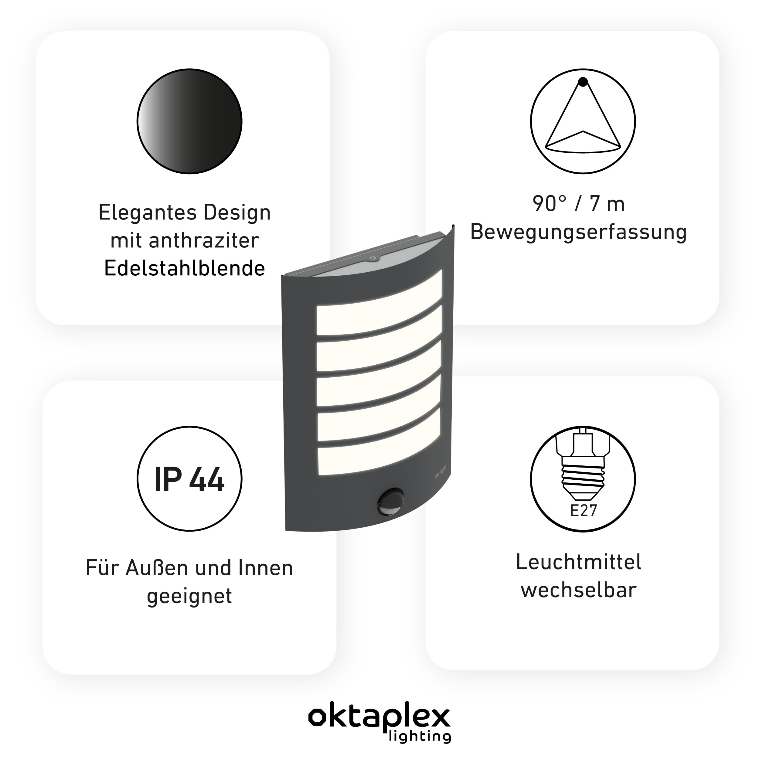 Oktaplex Alto Aussenlampe mit Bewgungsmelder E27 Fassung Wandleuchte IP44 anthrazit 230V Außenleuchte mit Bewegungsmelder 7 Meter Reichweite