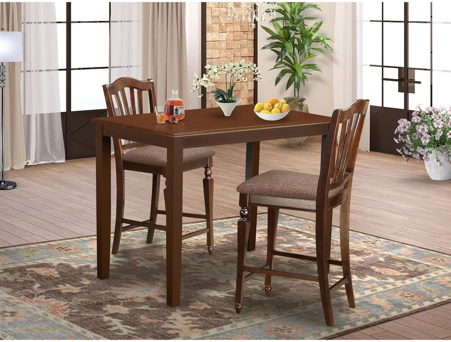HomeStock 3-Piece Counter Height Dining Set, Mahogany Finish, Rectangular Table with 2 Microfiber Seat Bar Stools, 89 lbs
