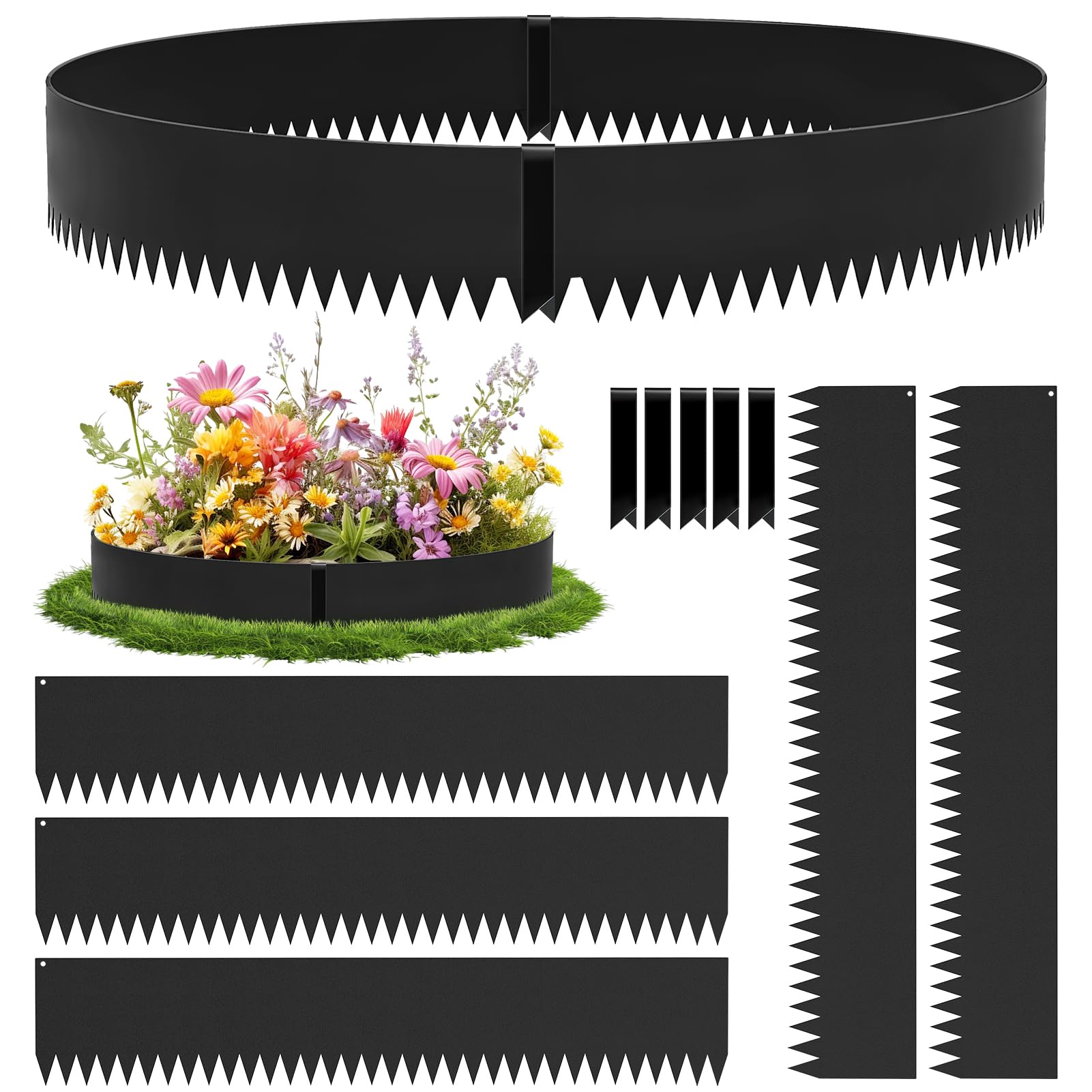 Bellanny Lawn Edging | Metal Garden Edging Border| Flexible Decorative Pathway Edge Strip - 5Pcs 107.5×15cm Corten Steel Landscape Border for Trees, Flower Bed, Grass, Plants, Driveway, Yard (Black)