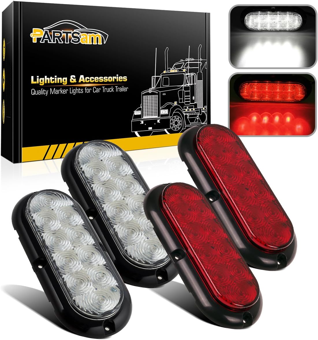 Partsam 4Pcs 6 Inch Oval Led Trailer Tail Lights Kit 10 LED Flange Mount Waterproof 12V Sealed RV Trucks Led Stop Brake Turn Reverse Back Up Trailer Lights Surface Mount (2Red+2White)
