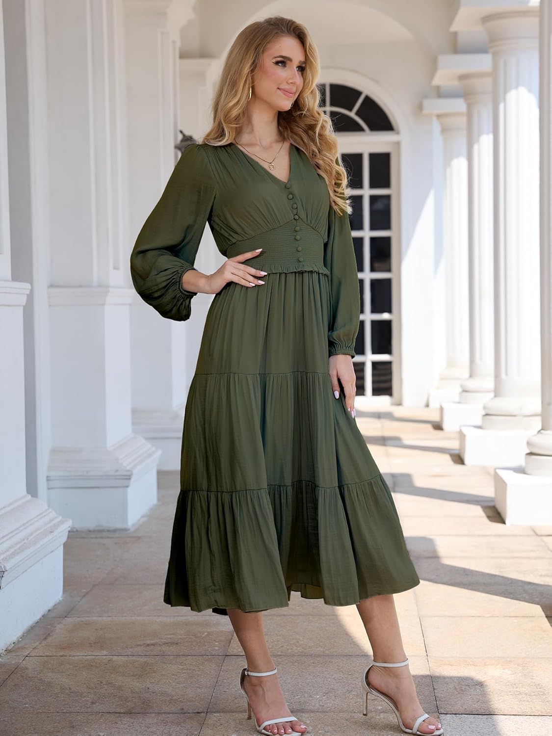 Women's Long Sleeve Flowy Maxi Dress Smocked Waist A-Line Casual Semi Formal Wedding Guest Dresses - Image 2