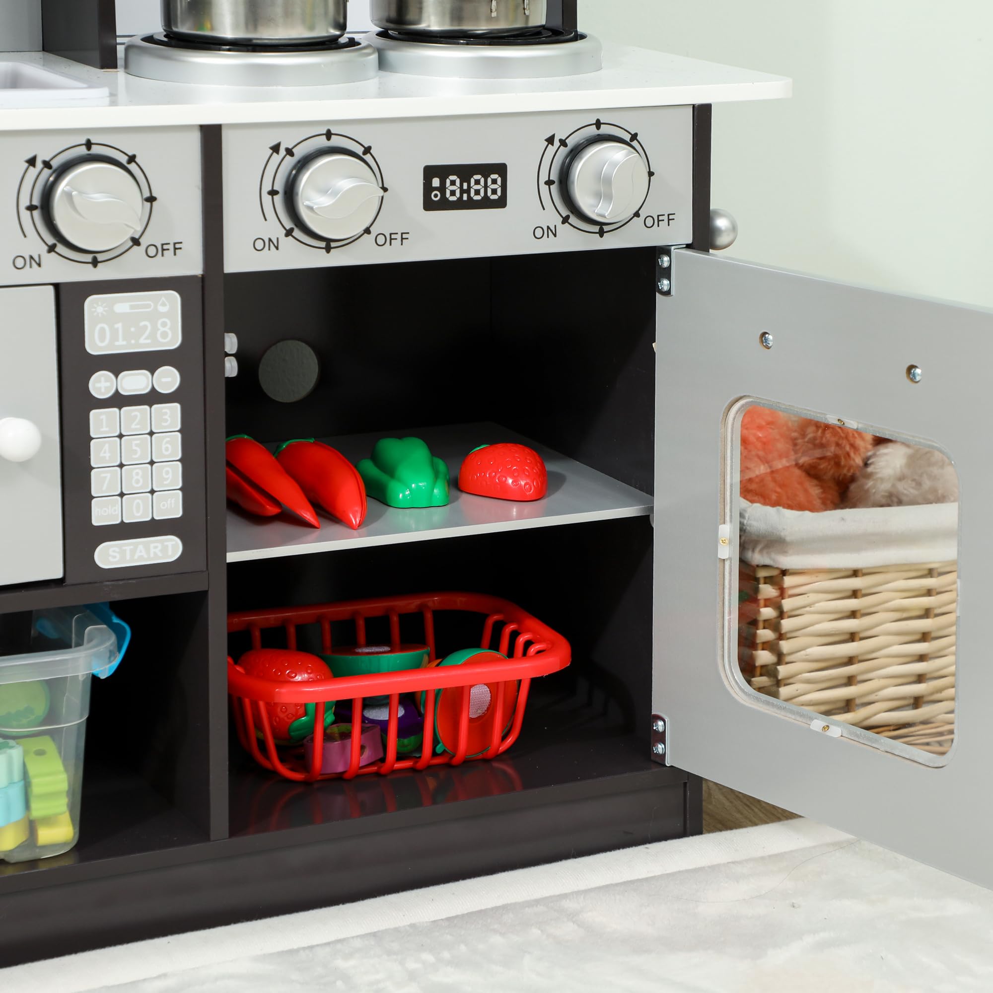AIYAPLAY Cucina Giocattolo per Bambini, Cucina Legno per Bambini, Cucinetta Giocattoli con Fornelli, Microonde, Armadietti, Lavandino, Pentole, Accessori in Acciaio Inox, 3-8 Anni, 81x27x80cm, Marrone